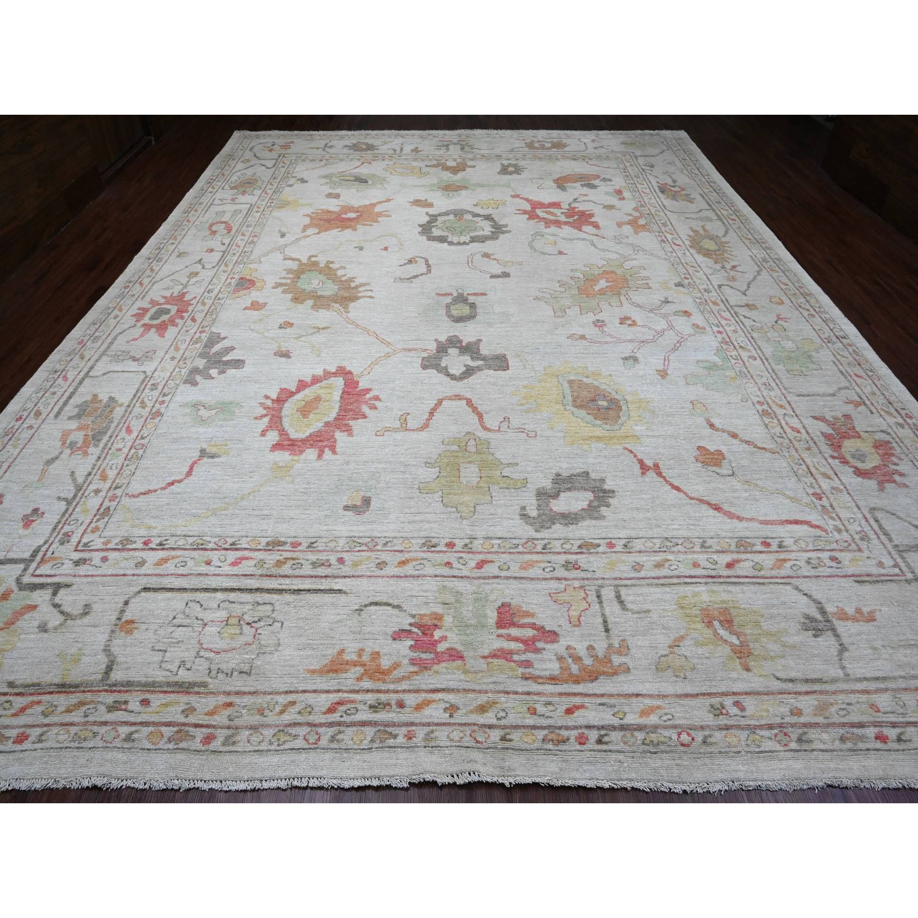 11'10"x15'4" Pastel Gray, Afghan Angora Oushak with Colorful Leaf Design, 100% Wool, Veggie Dyes, Hand Knotted, Oversized, Oriental Rug Sh89872