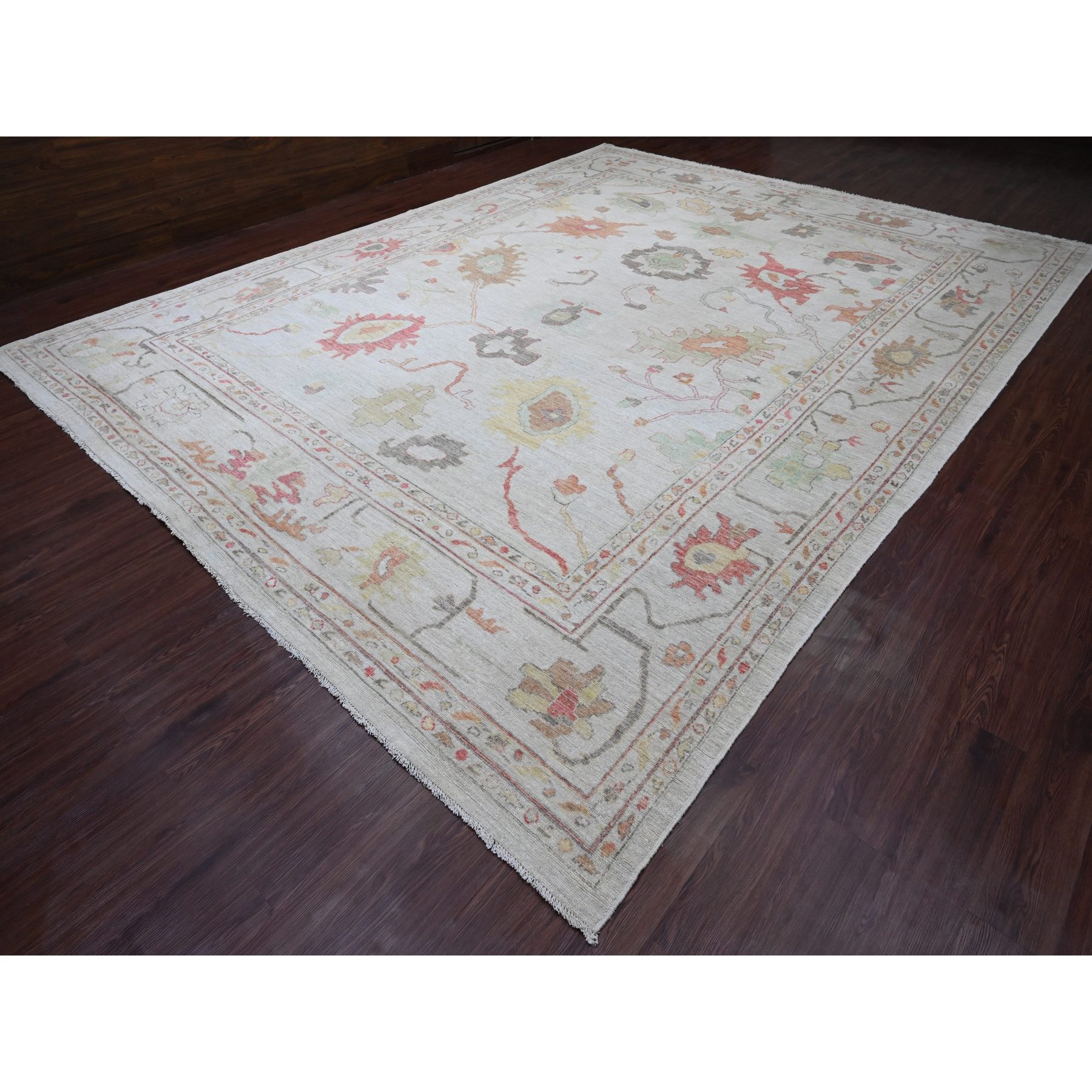 11'10"x15'4" Pastel Gray, Afghan Angora Oushak with Colorful Leaf Design, 100% Wool, Veggie Dyes, Hand Knotted, Oversized, Oriental Rug Sh89872