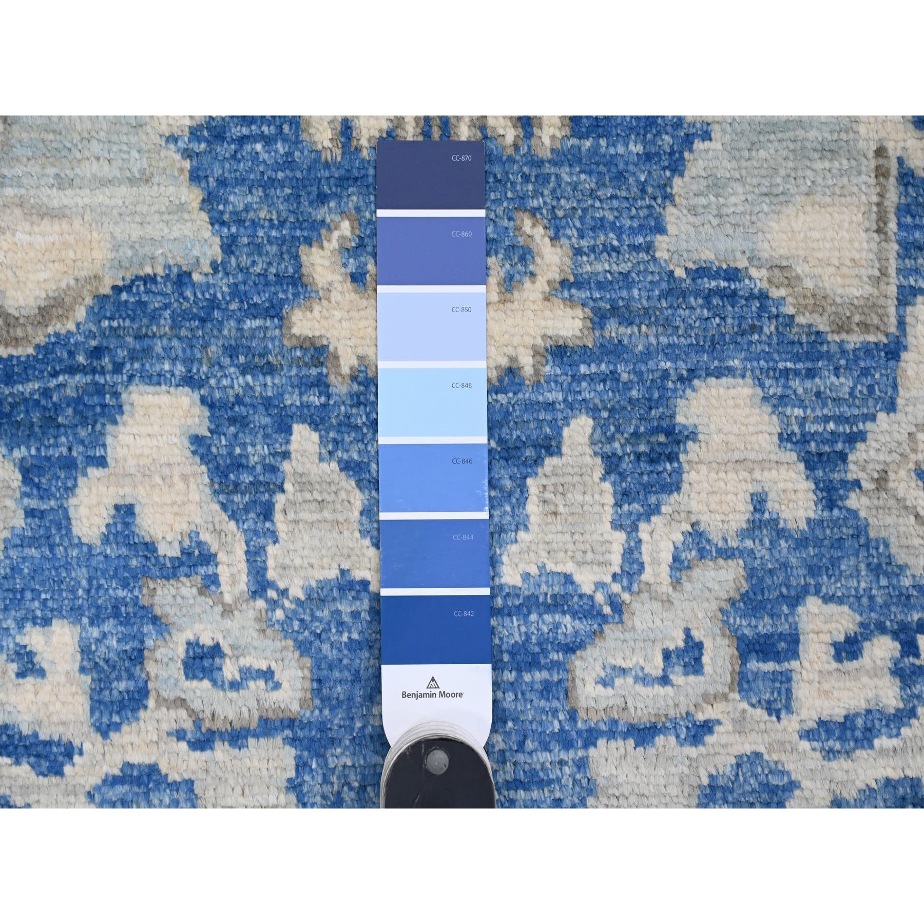 3'x9'7" Bayern Blue, 100% Wool, Afghan Angora Oushak with Leaf Design, Natural Dyes, Hand Knotted, Runner, Oriental Rug Sh89880