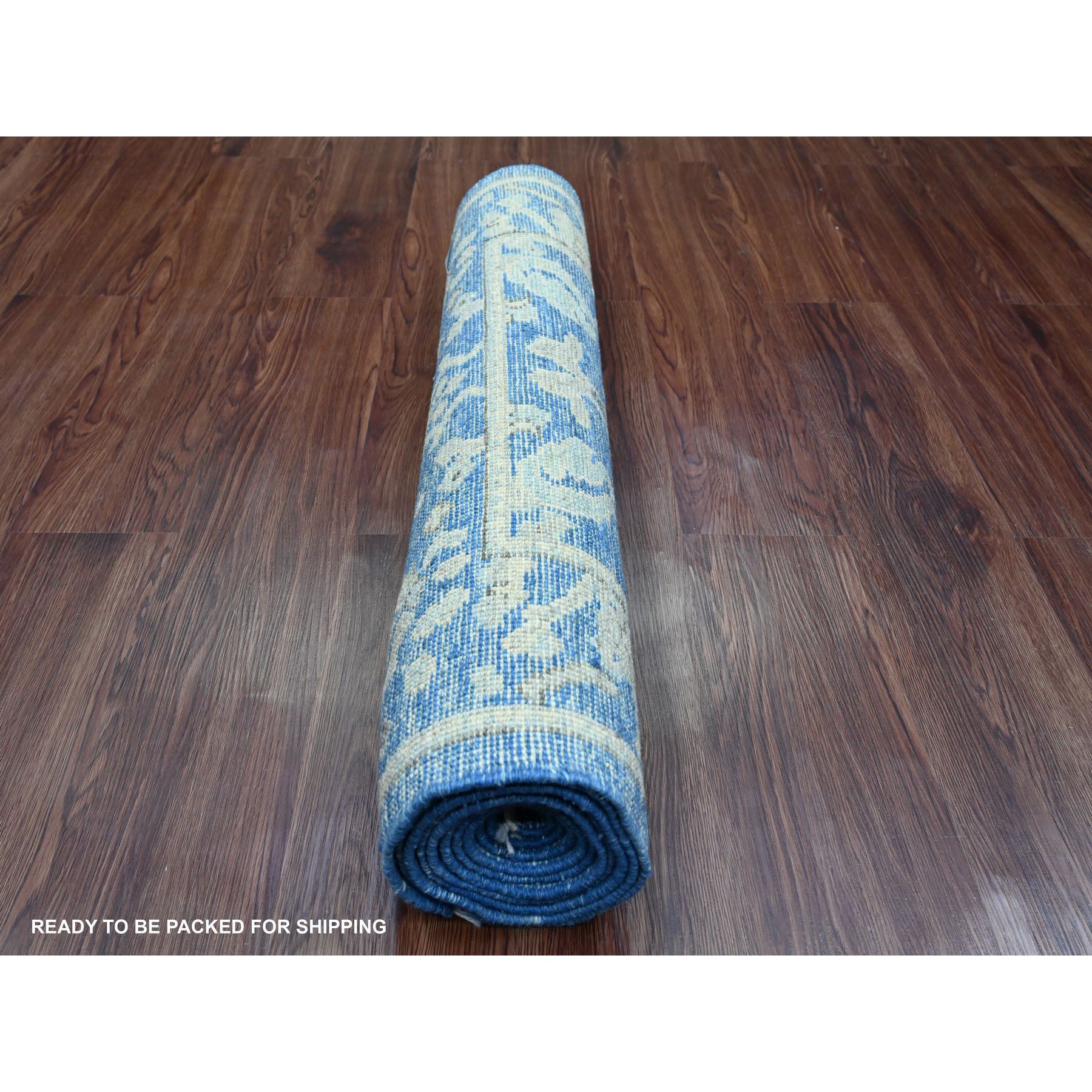 3'x9'7" Bayern Blue, 100% Wool, Afghan Angora Oushak with Leaf Design, Natural Dyes, Hand Knotted, Runner, Oriental Rug Sh89880