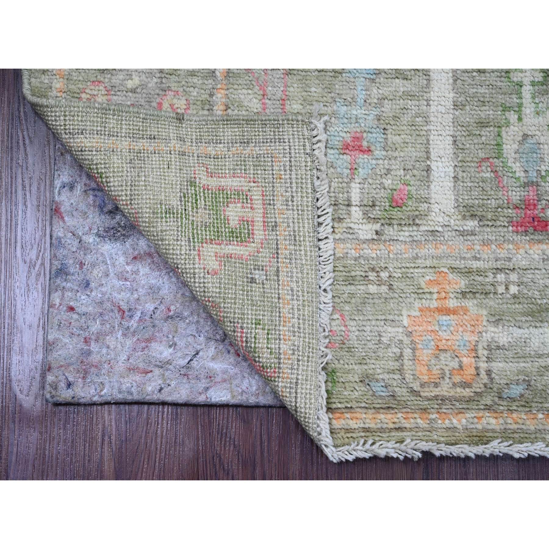 2'9"x9'10" Sage Green, Afghan Angora Oushak with Colorful Cypress and Willow Tree Design, Natural Dyes, 100% Wool, Hand Knotted, Runner, Oriental Rug Sh89881