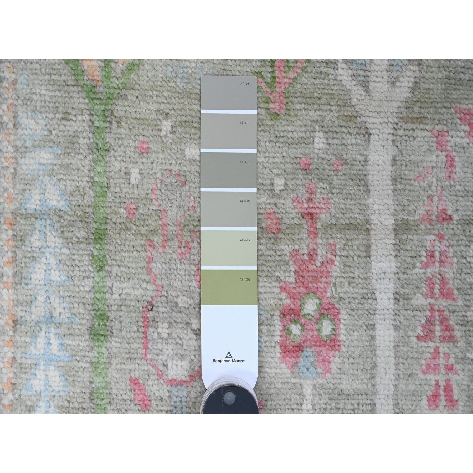2'9"x9'10" Sage Green, Afghan Angora Oushak with Colorful Cypress and Willow Tree Design, Natural Dyes, 100% Wool, Hand Knotted, Runner, Oriental Rug Sh89881