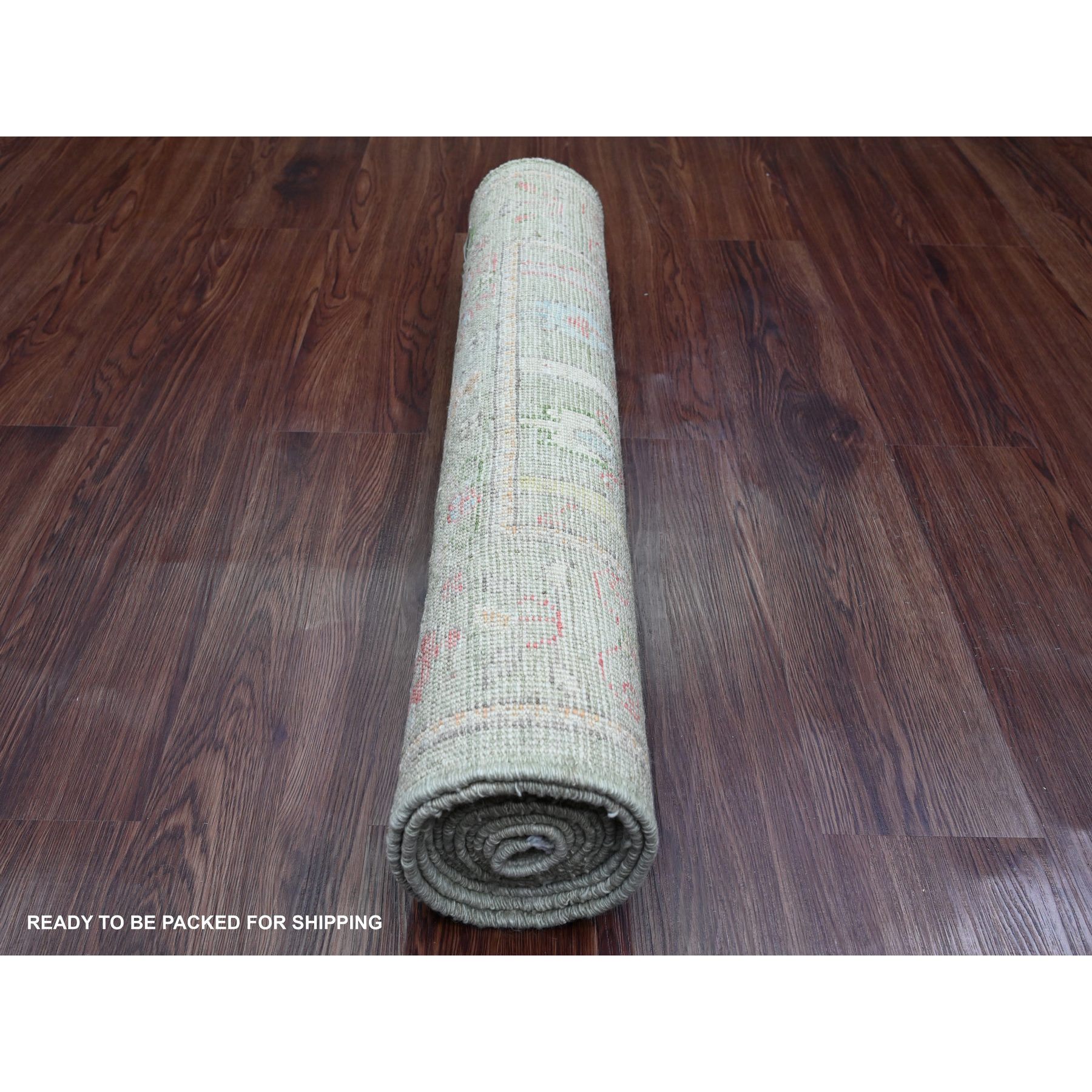 2'9"x9'10" Sage Green, Afghan Angora Oushak with Colorful Cypress and Willow Tree Design, Natural Dyes, 100% Wool, Hand Knotted, Runner, Oriental Rug Sh89881