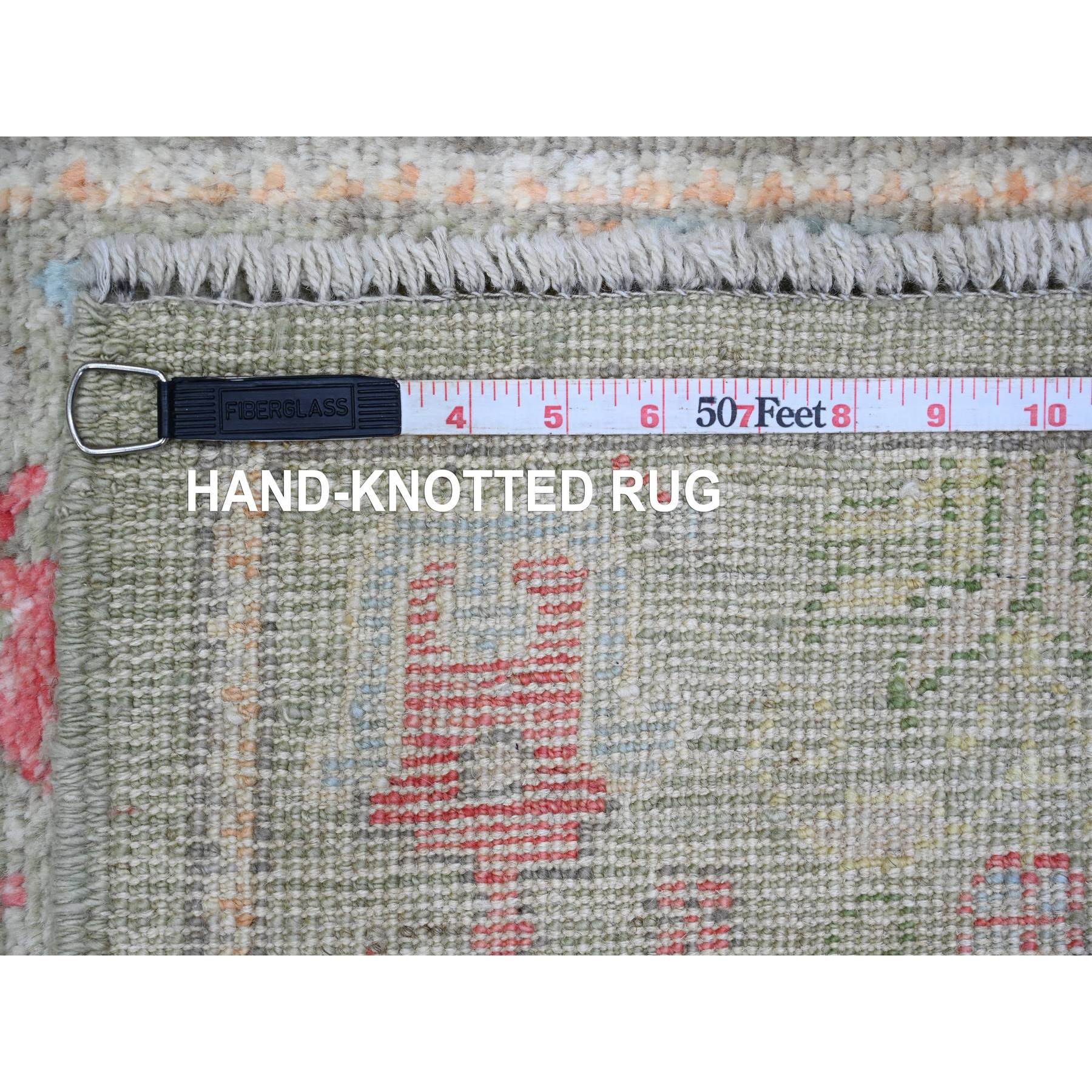 2'9"x9'10" Sage Green, Afghan Angora Oushak with Colorful Cypress and Willow Tree Design, Natural Dyes, 100% Wool, Hand Knotted, Runner, Oriental Rug Sh89881