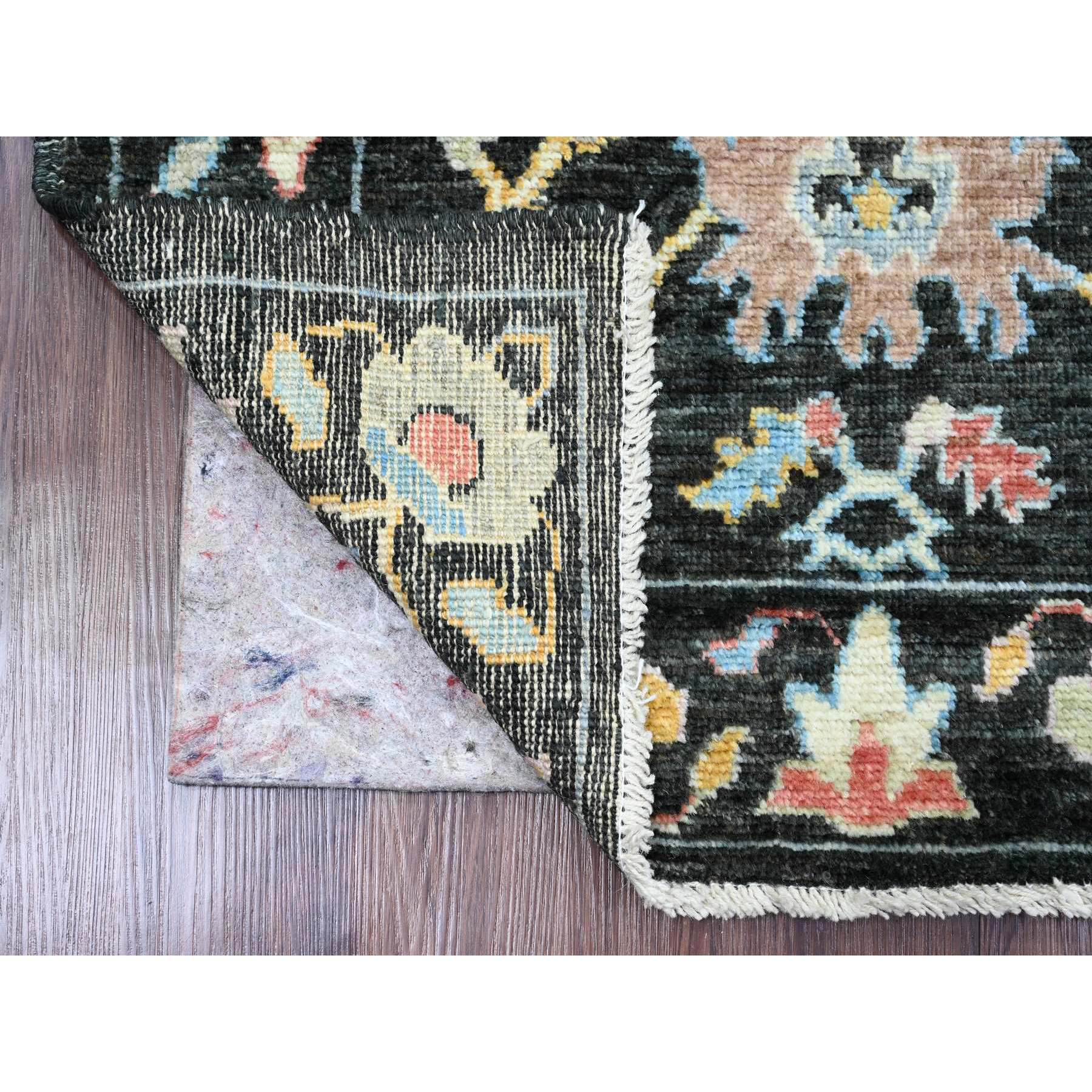 3'x9'8" Charcoal Black, Afghan Angora Oushak with Floral Pattern, Hand Knotted, Veggie Dyes, Pure Wool, Runner, Oriental Rug Sh89886