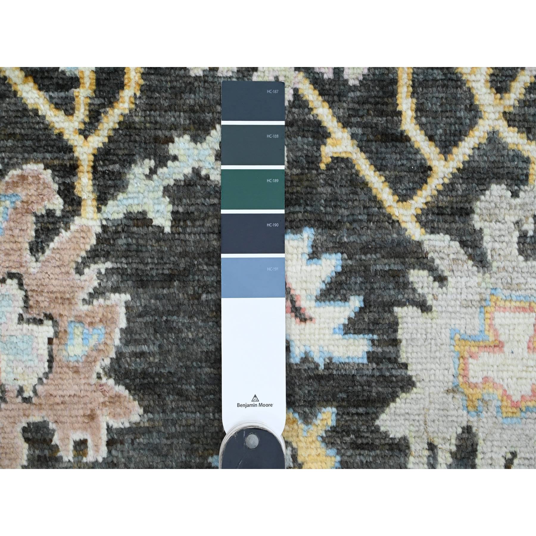 3'x9'8" Charcoal Black, Afghan Angora Oushak with Floral Pattern, Hand Knotted, Veggie Dyes, Pure Wool, Runner, Oriental Rug Sh89886