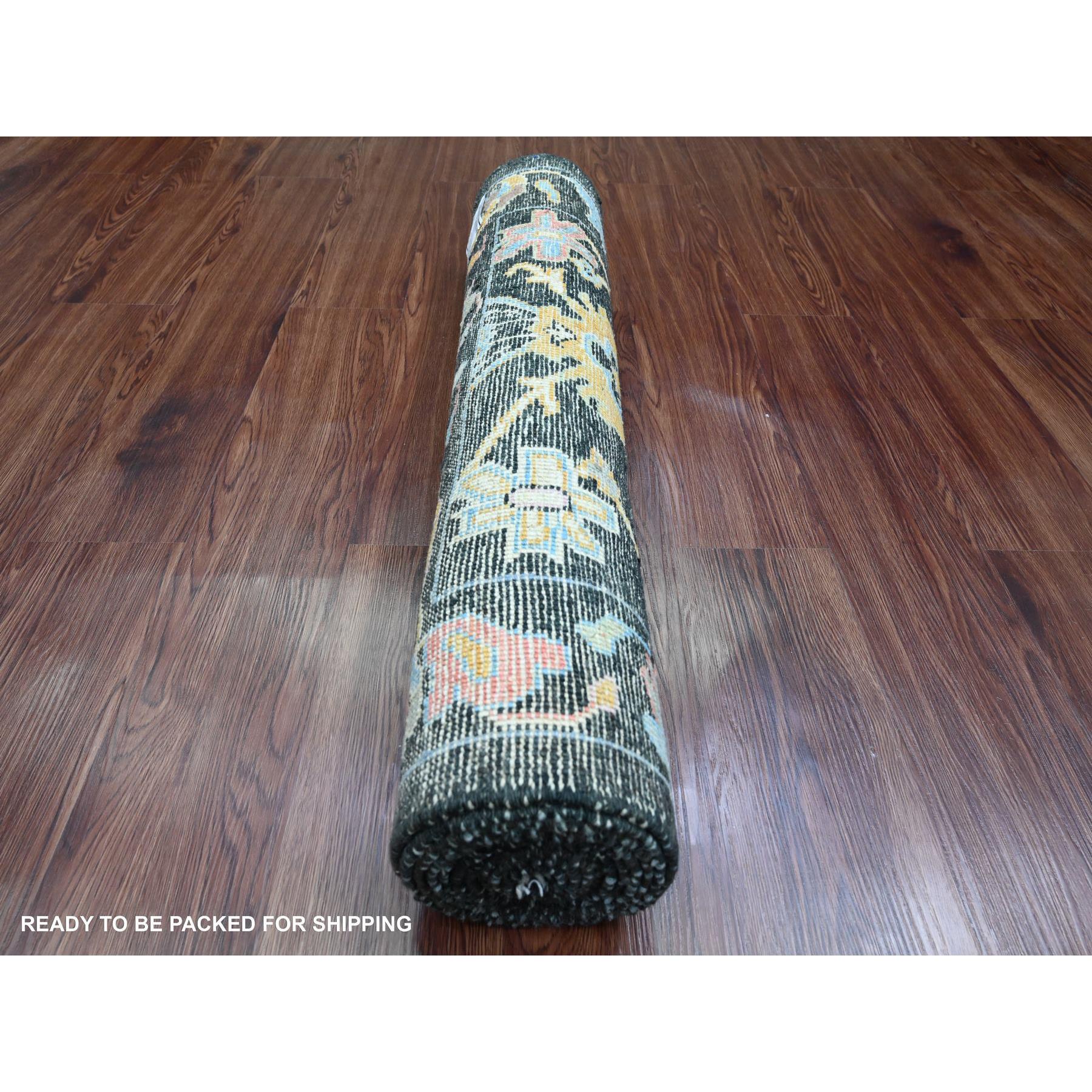 3'x9'8" Charcoal Black, Afghan Angora Oushak with Floral Pattern, Hand Knotted, Veggie Dyes, Pure Wool, Runner, Oriental Rug Sh89886