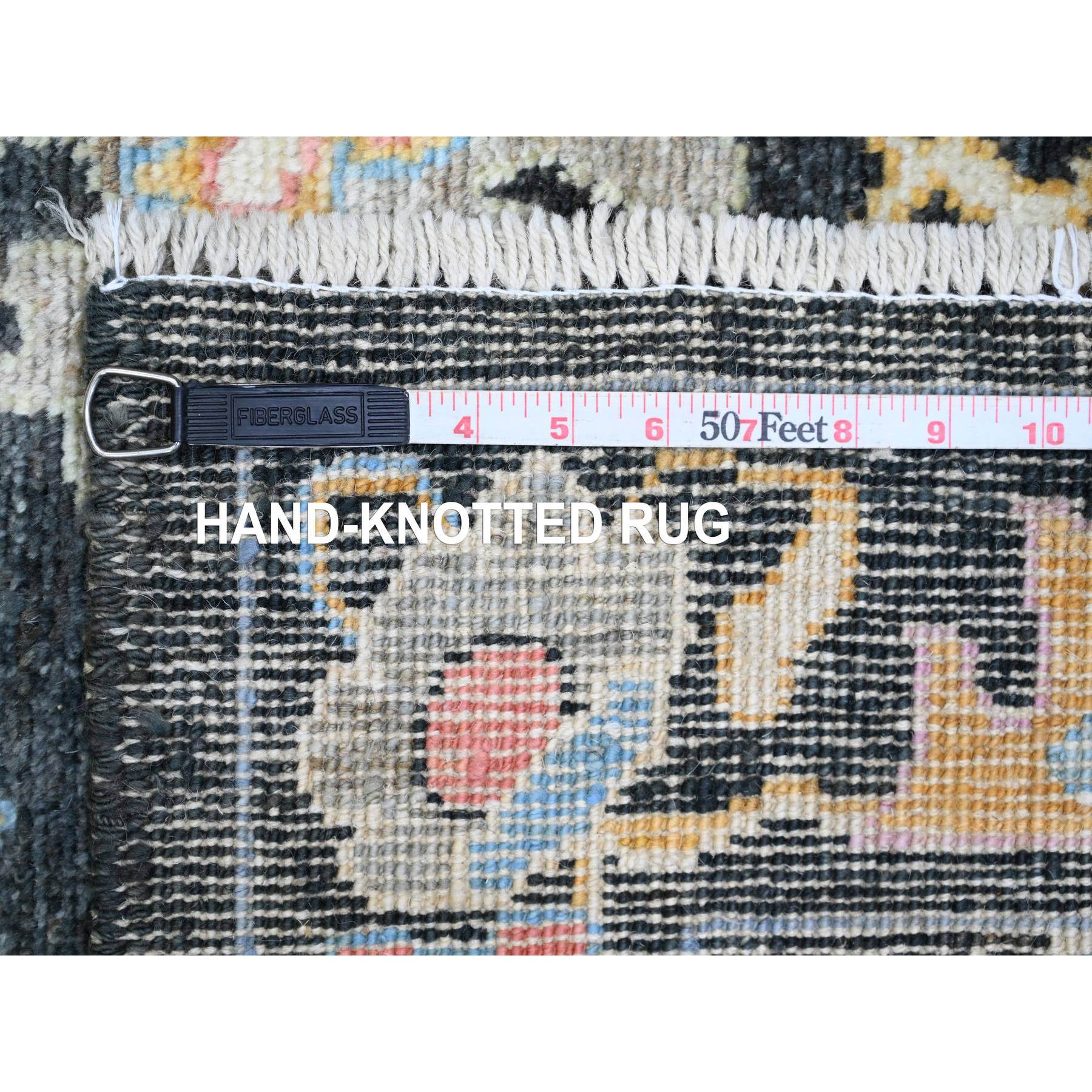 3'x9'8" Charcoal Black, Afghan Angora Oushak with Floral Pattern, Hand Knotted, Veggie Dyes, Pure Wool, Runner, Oriental Rug Sh89886