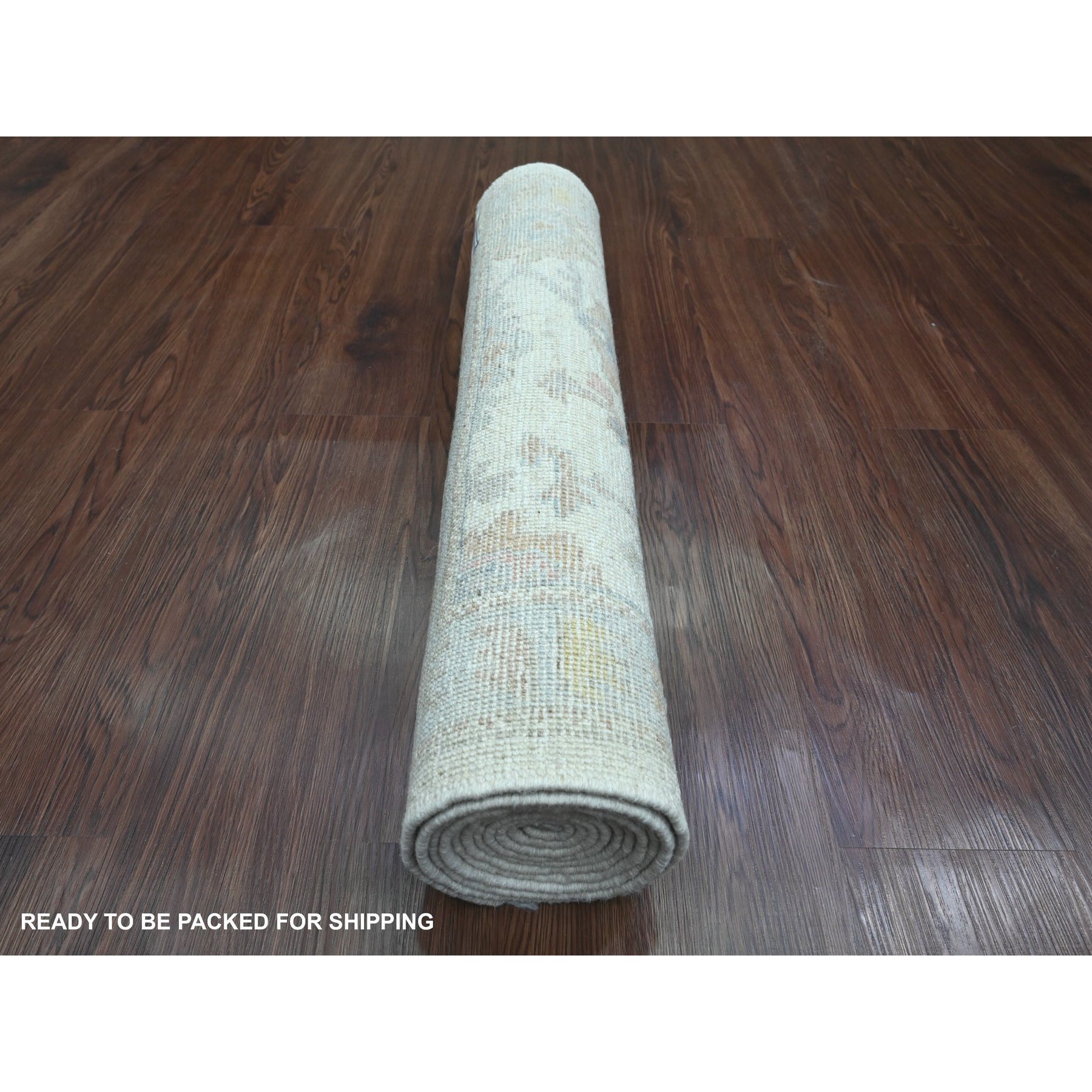 2'8"x8'9" Pearl White, Hand Knotted, Afghan Angora Oushak with All Over Leaf Design, Vegetable Dyes, 100% Wool, Runner, Oriental Rug Sh89887