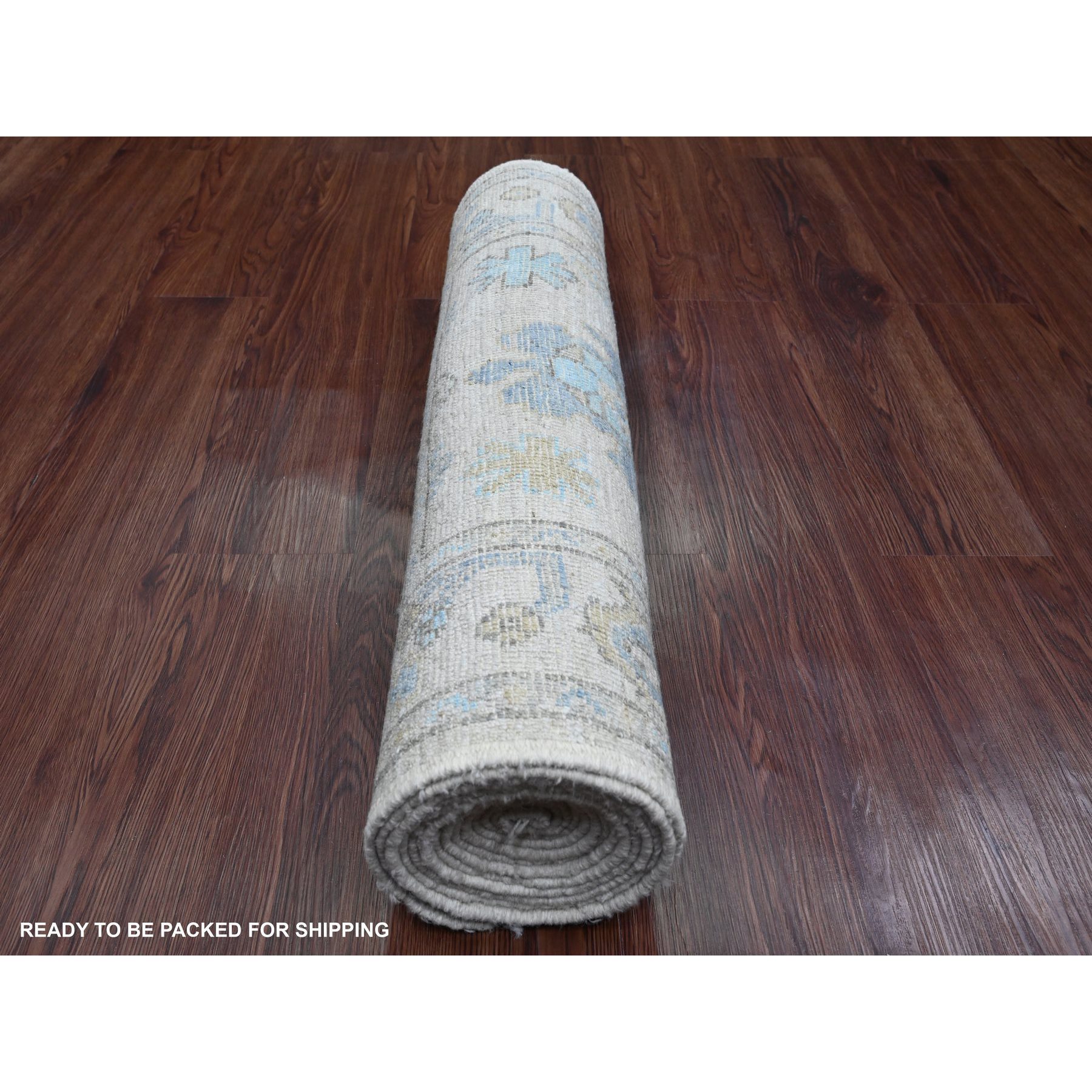 2'8"x13'6" Pearl White, 100% Wool, Hand Knotted, Afghan Angora Oushak with Geometric Leaf Design, Veggie Dyes, Runner, Oriental Rug Sh89892