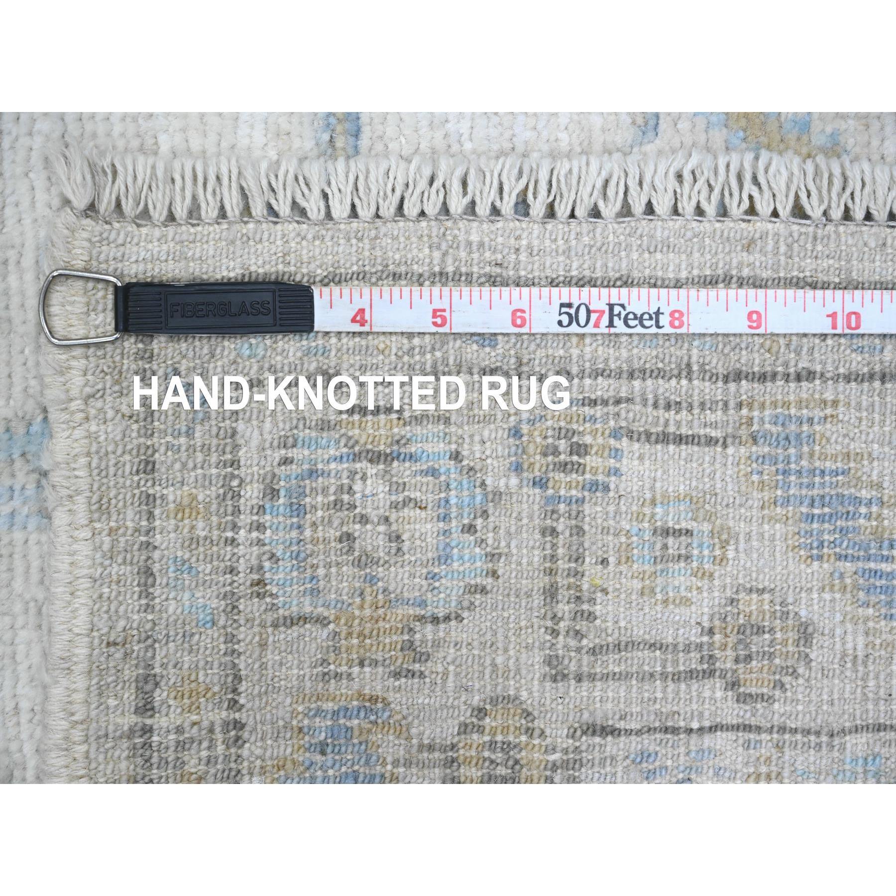 2'8"x13'6" Pearl White, 100% Wool, Hand Knotted, Afghan Angora Oushak with Geometric Leaf Design, Veggie Dyes, Runner, Oriental Rug Sh89892