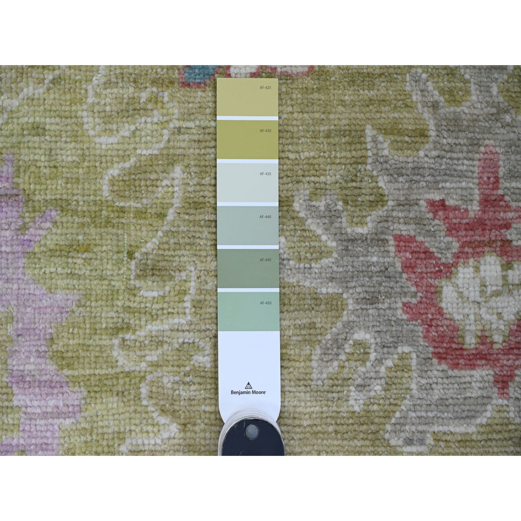 2'10"x5'8" Olive Green, Afghan Angora Oushak with Large Leaf Design, Natural Dyes, 100% Wool, Hand Knotted, Short Runner, Oriental Rug Sh89896