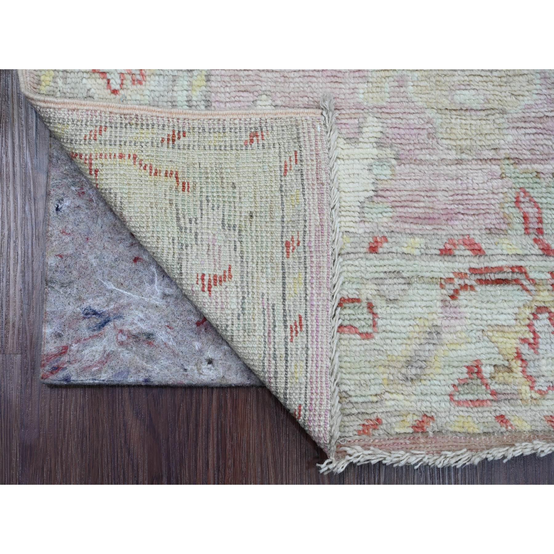 2'10"x11'7" Pastel Pink, 100% Wool, Afghan Angora Oushak with All Over Leaf Design, Hand Knotted, Vegetable Dyes, Runner, Oriental Rug Sh89898