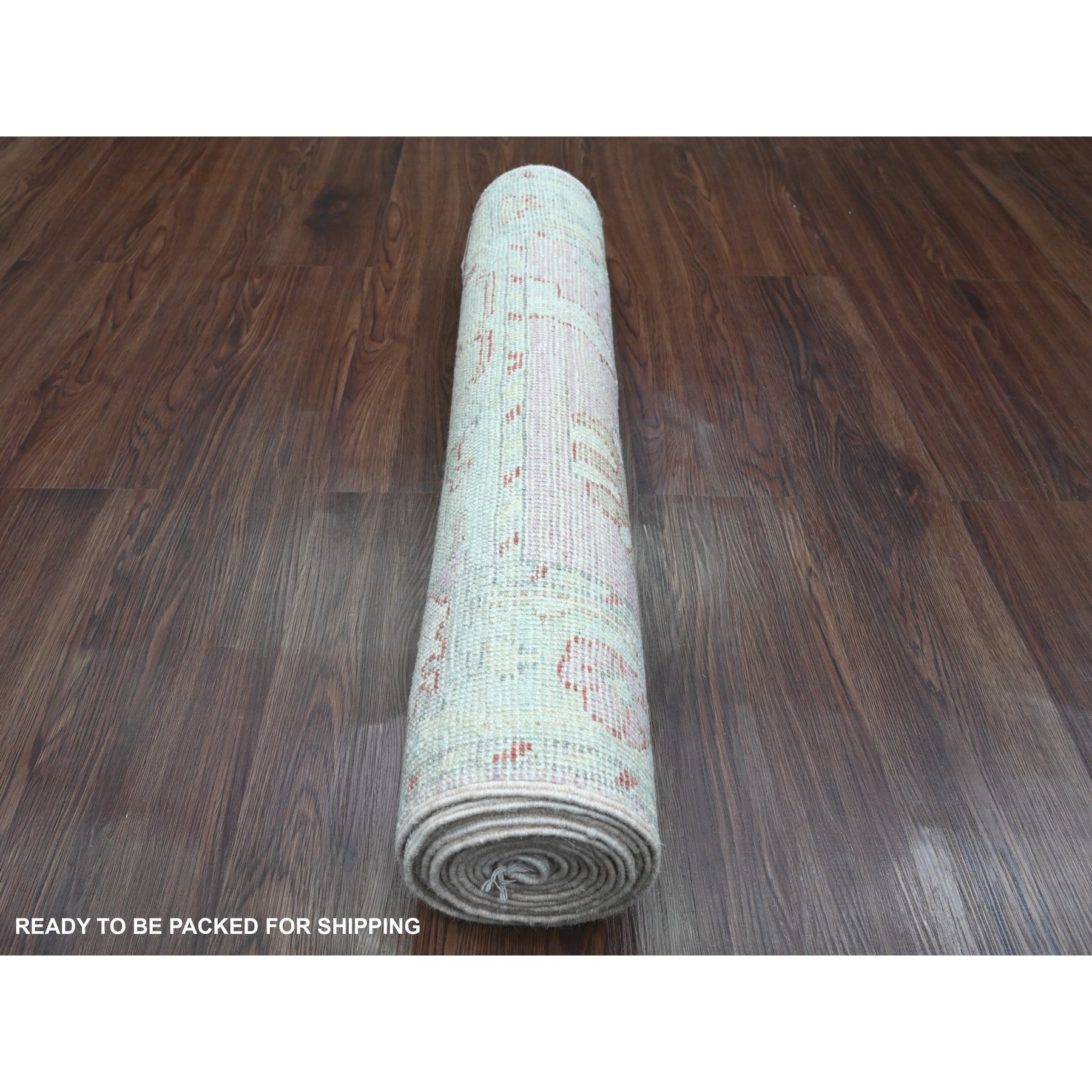 2'10"x11'7" Pastel Pink, 100% Wool, Afghan Angora Oushak with All Over Leaf Design, Hand Knotted, Vegetable Dyes, Runner, Oriental Rug Sh89898