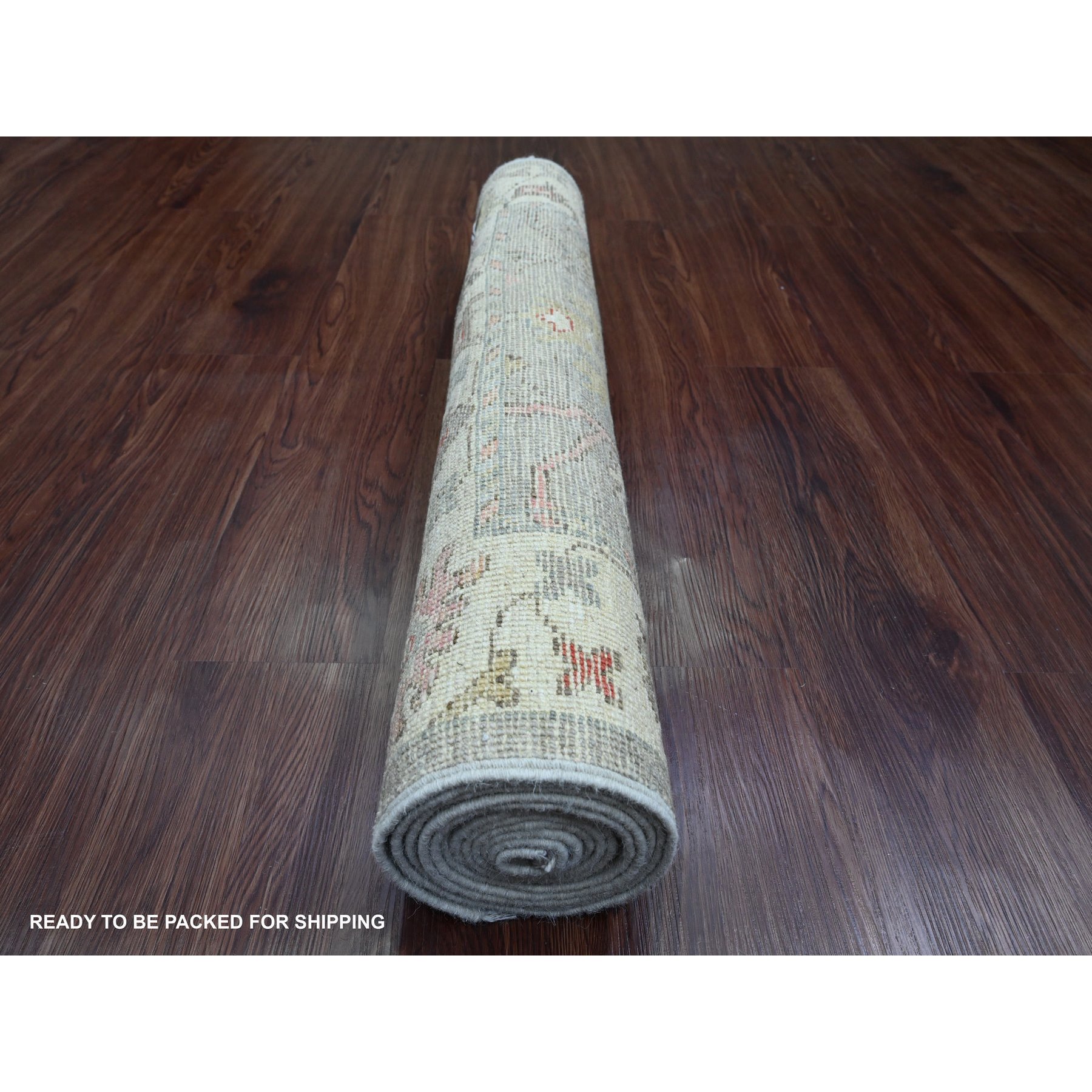 3'x10' Medium Gray, Afghan Angora Oushak with Geometric Leaf Design, Hand Knotted, Vegetable Dyes, Pure Wool, Runner, Oriental Rug Sh89899
