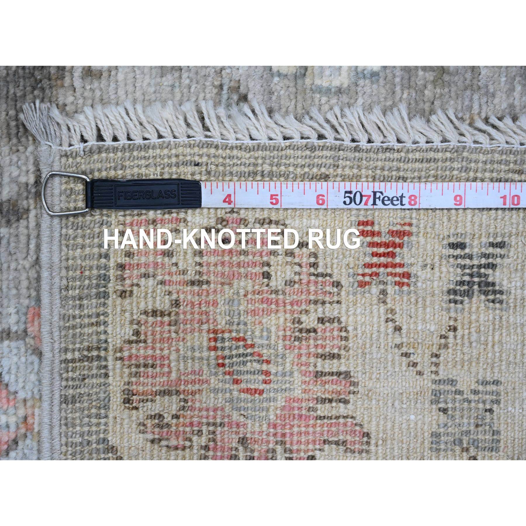 3'x10' Medium Gray, Afghan Angora Oushak with Geometric Leaf Design, Hand Knotted, Vegetable Dyes, Pure Wool, Runner, Oriental Rug Sh89899