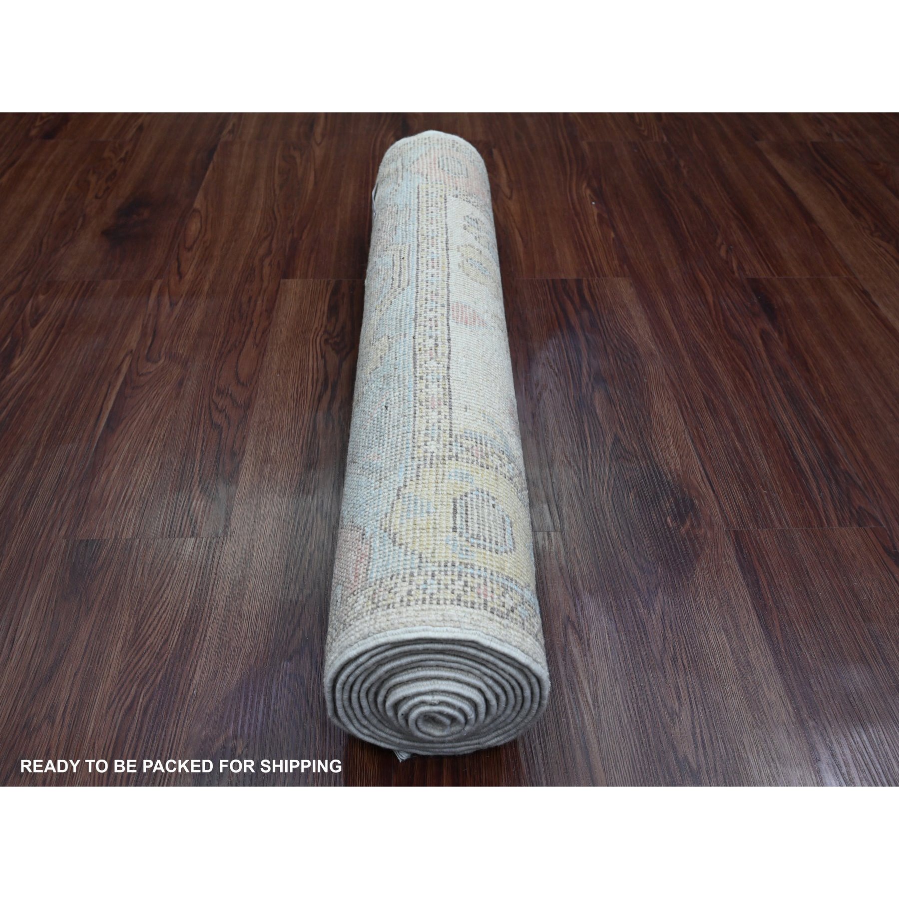 2'7"x9'8" Chiffon White, 100% Wool, Hand Knotted, Afghan Angora Oushak with Geometric Leaf Pattern, Vegetable Dyes, Runner, Oriental Rug Sh89902