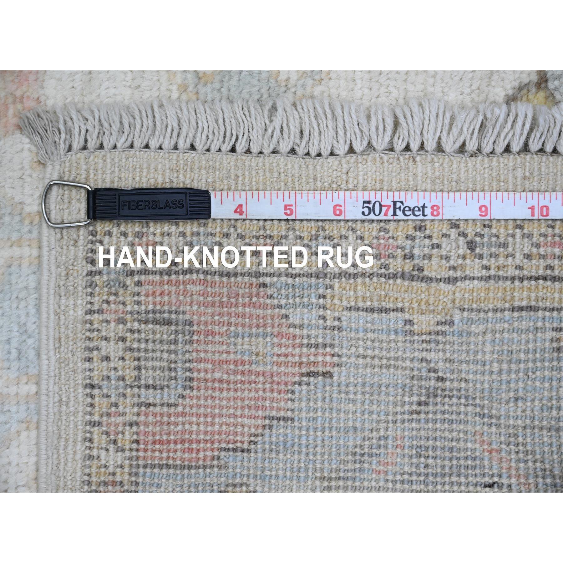2'7"x9'8" Chiffon White, 100% Wool, Hand Knotted, Afghan Angora Oushak with Geometric Leaf Pattern, Vegetable Dyes, Runner, Oriental Rug Sh89902