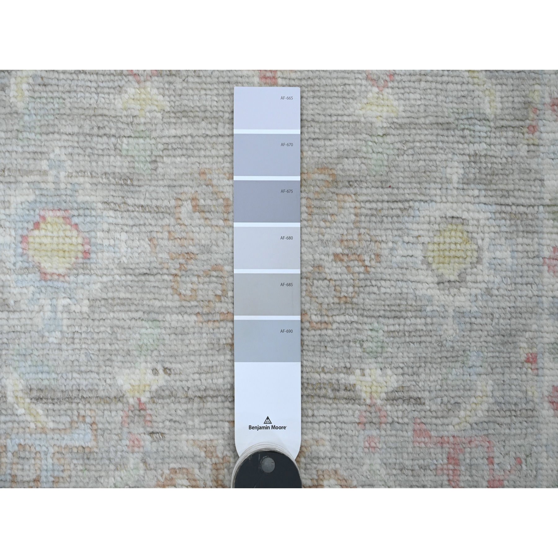 3'x5'9" Fossil Gray, Afghan Angora Oushak with Geometric Leaf Design, Vegetable Dyes, Hand Knotted, All Wool, Short Runner, Oriental Rug Sh89904