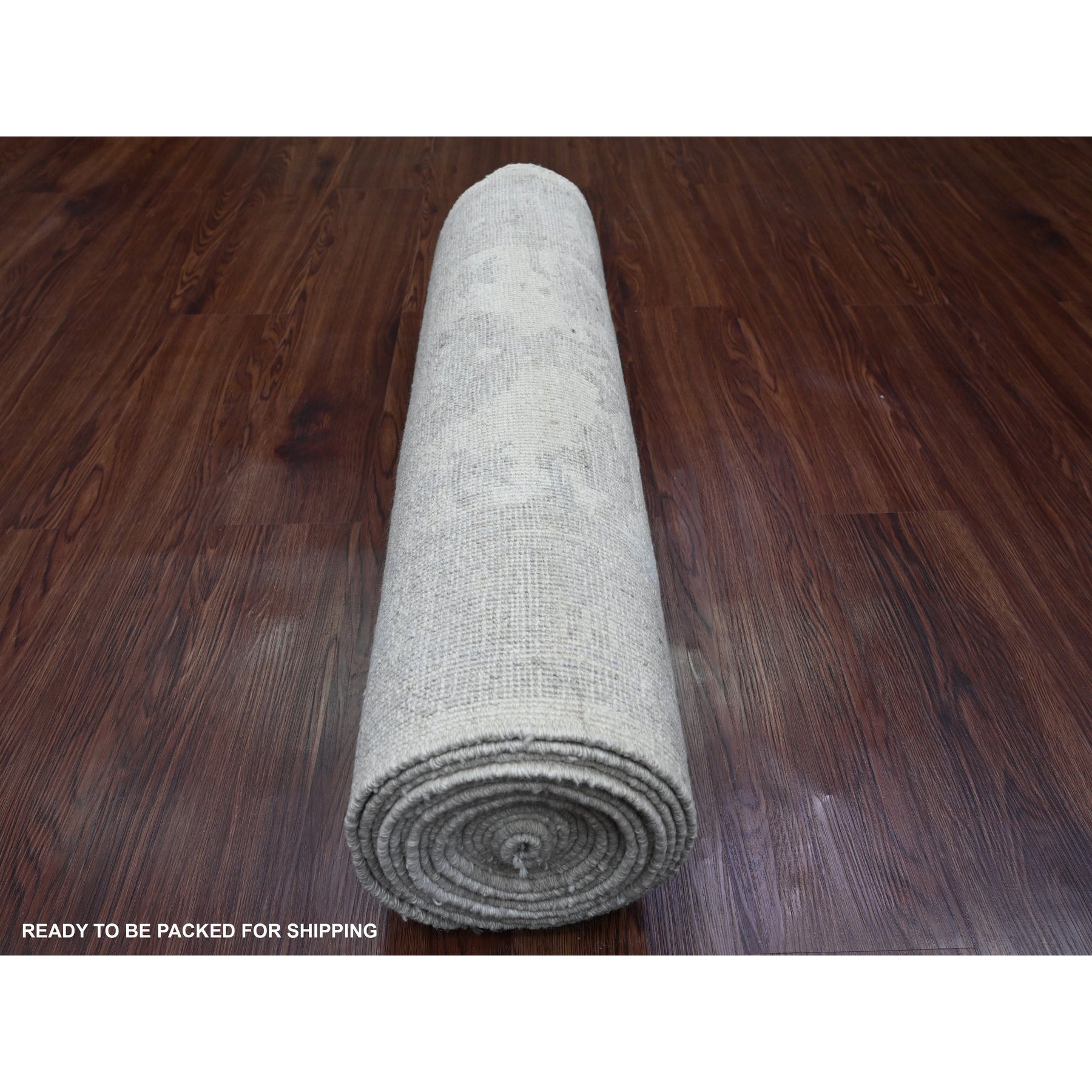 2'8"x19'5" Pearl White, Afghan Angora Oushak with Large Leaf Motifs, Hand Knotted, Veggie Dyes, 100% Wool, XL Runner, Oriental Rug Sh89906