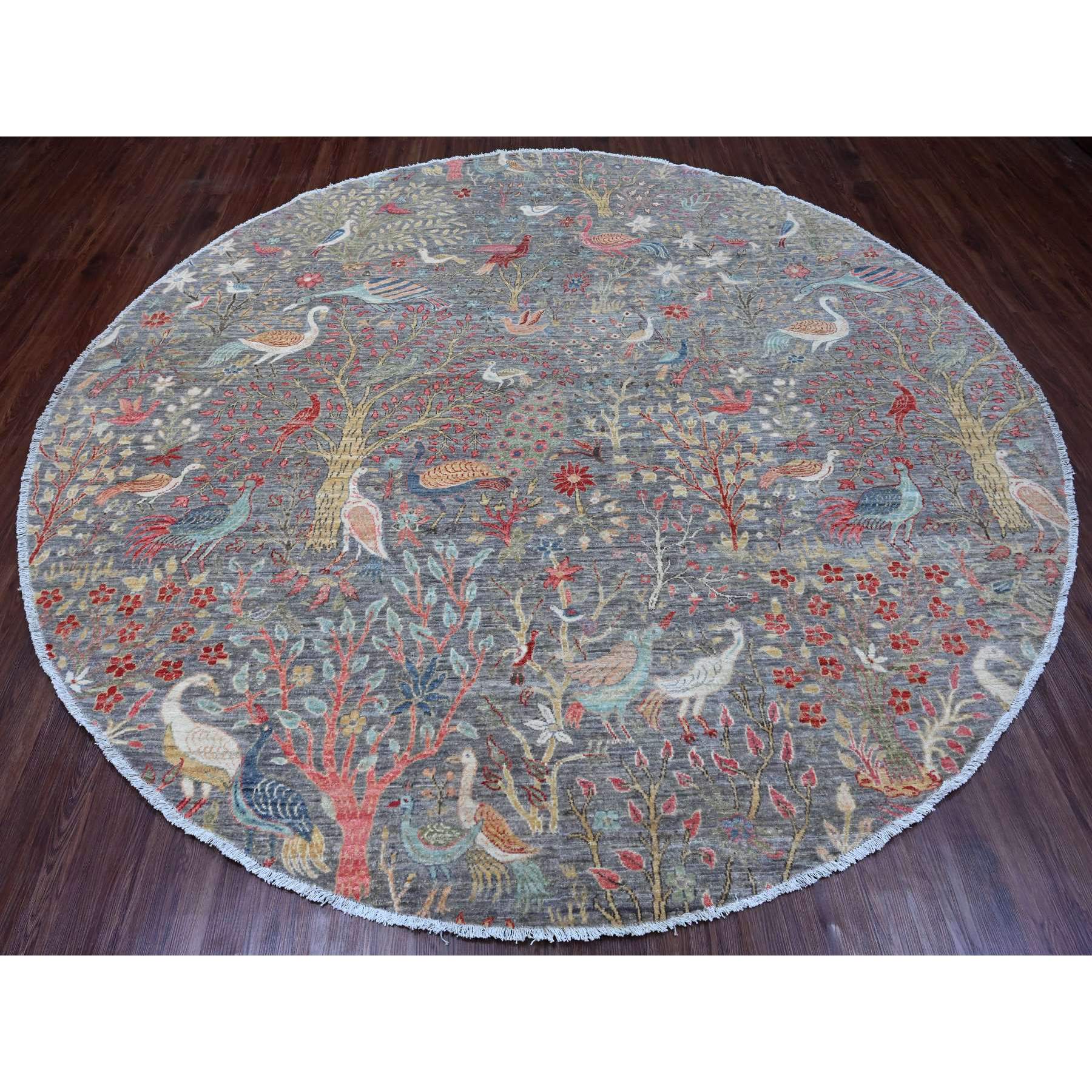 9'9"x9'9" Spanish Gray, Afghan Peshawar with Birds of Paradise Design, Hand Knotted, 100% Wool, Natural Dyes, Round, Oriental Rug Sh89908