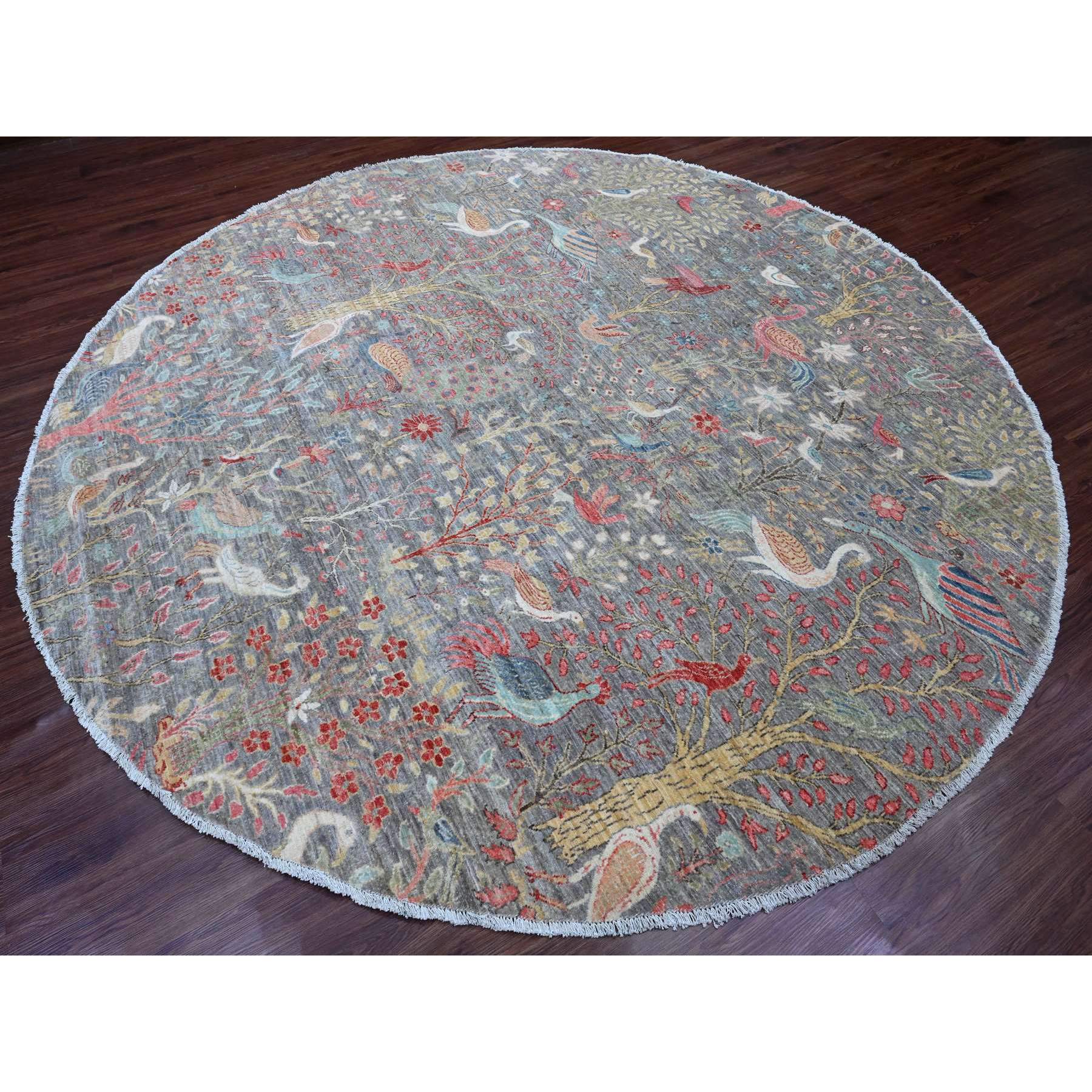 9'9"x9'9" Spanish Gray, Afghan Peshawar with Birds of Paradise Design, Hand Knotted, 100% Wool, Natural Dyes, Round, Oriental Rug Sh89908