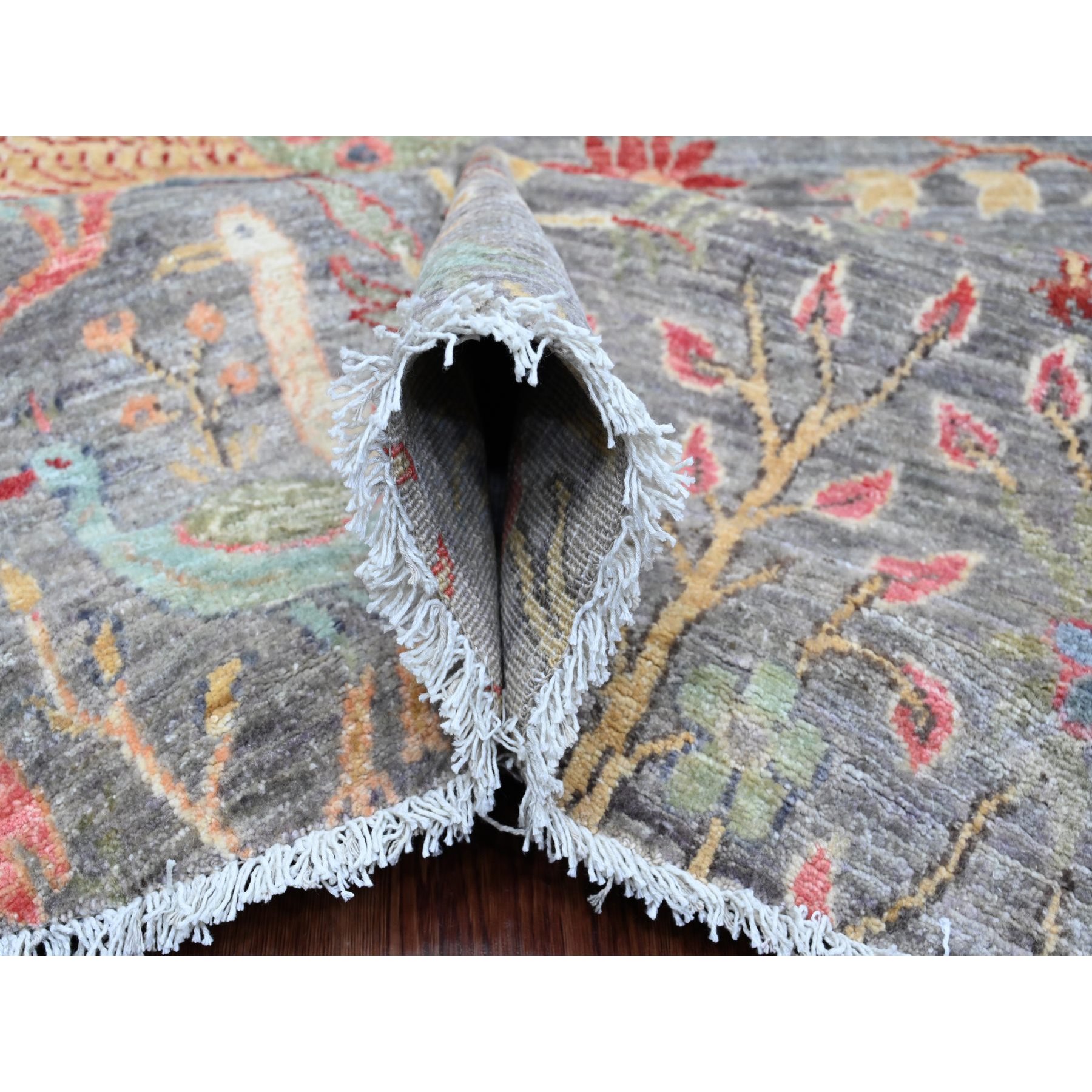 9'9"x9'9" Spanish Gray, Afghan Peshawar with Birds of Paradise Design, Hand Knotted, 100% Wool, Natural Dyes, Round, Oriental Rug Sh89908