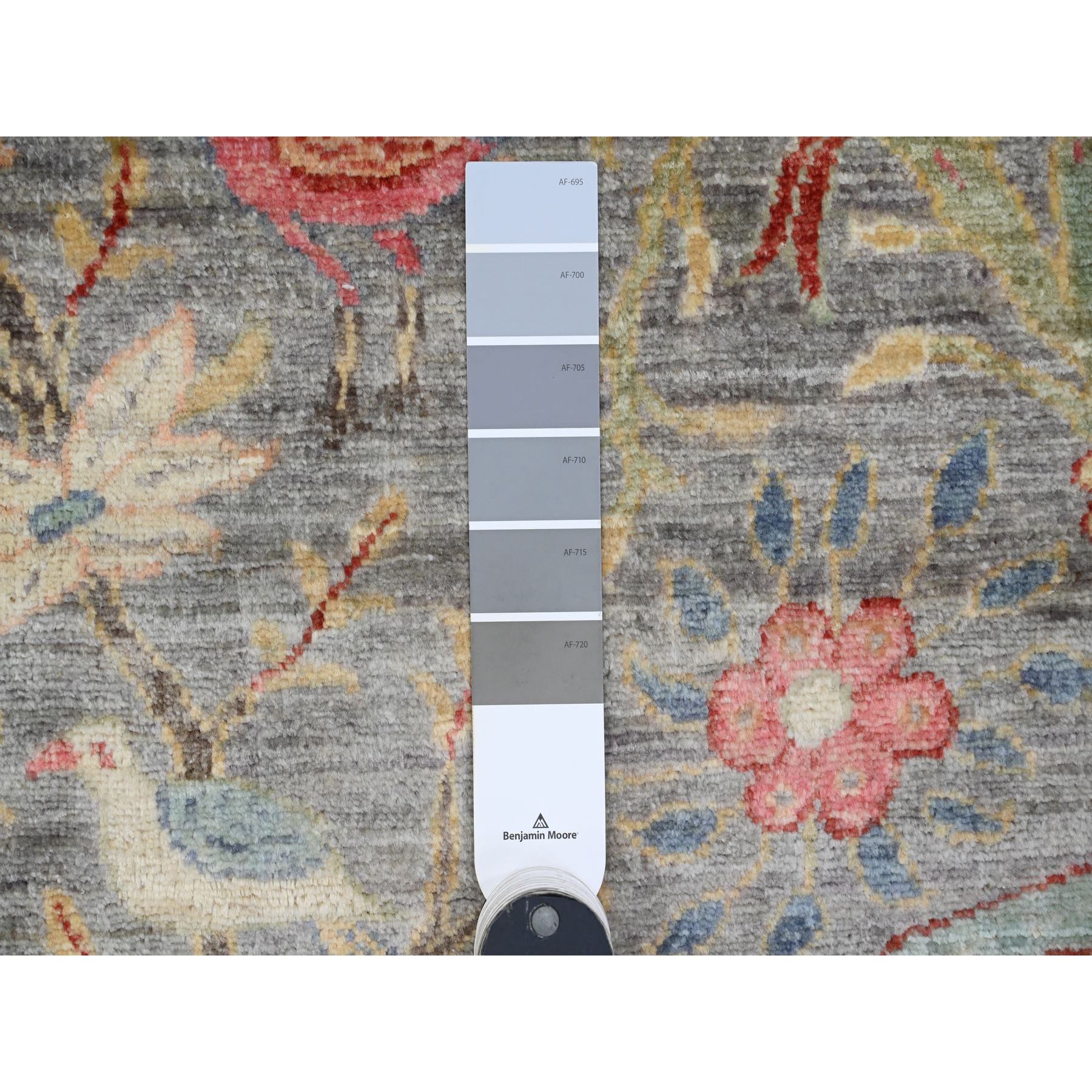 9'9"x9'9" Spanish Gray, Afghan Peshawar with Birds of Paradise Design, Hand Knotted, 100% Wool, Natural Dyes, Round, Oriental Rug Sh89908