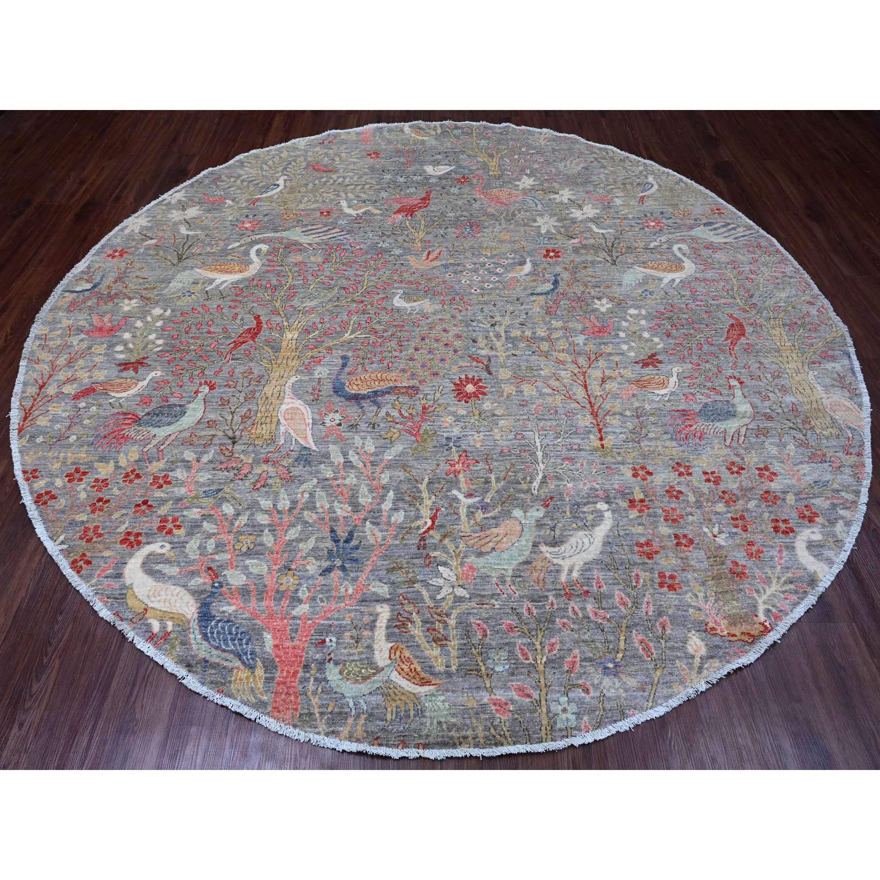 9'9"x9'9" Spanish Gray, Afghan Peshawar with Birds of Paradise Design, Hand Knotted, Soft and Velvety Wool, Veggie Dyes, Round, Oriental Rug Sh89909