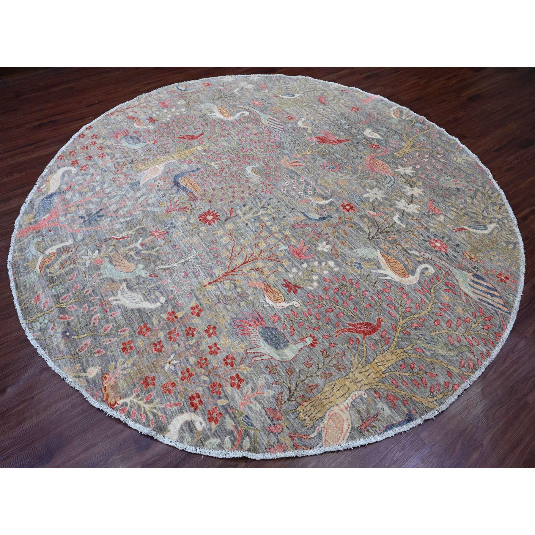 9'9"x9'9" Spanish Gray, Afghan Peshawar with Birds of Paradise Design, Hand Knotted, Soft and Velvety Wool, Veggie Dyes, Round, Oriental Rug Sh89909