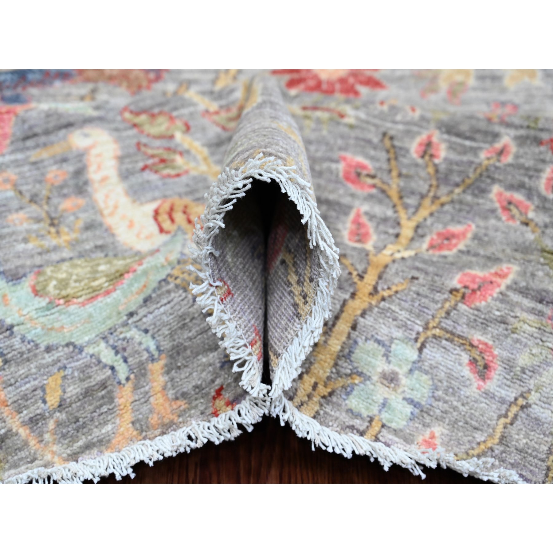 9'9"x9'9" Spanish Gray, Afghan Peshawar with Birds of Paradise Design, Hand Knotted, Soft and Velvety Wool, Veggie Dyes, Round, Oriental Rug Sh89909