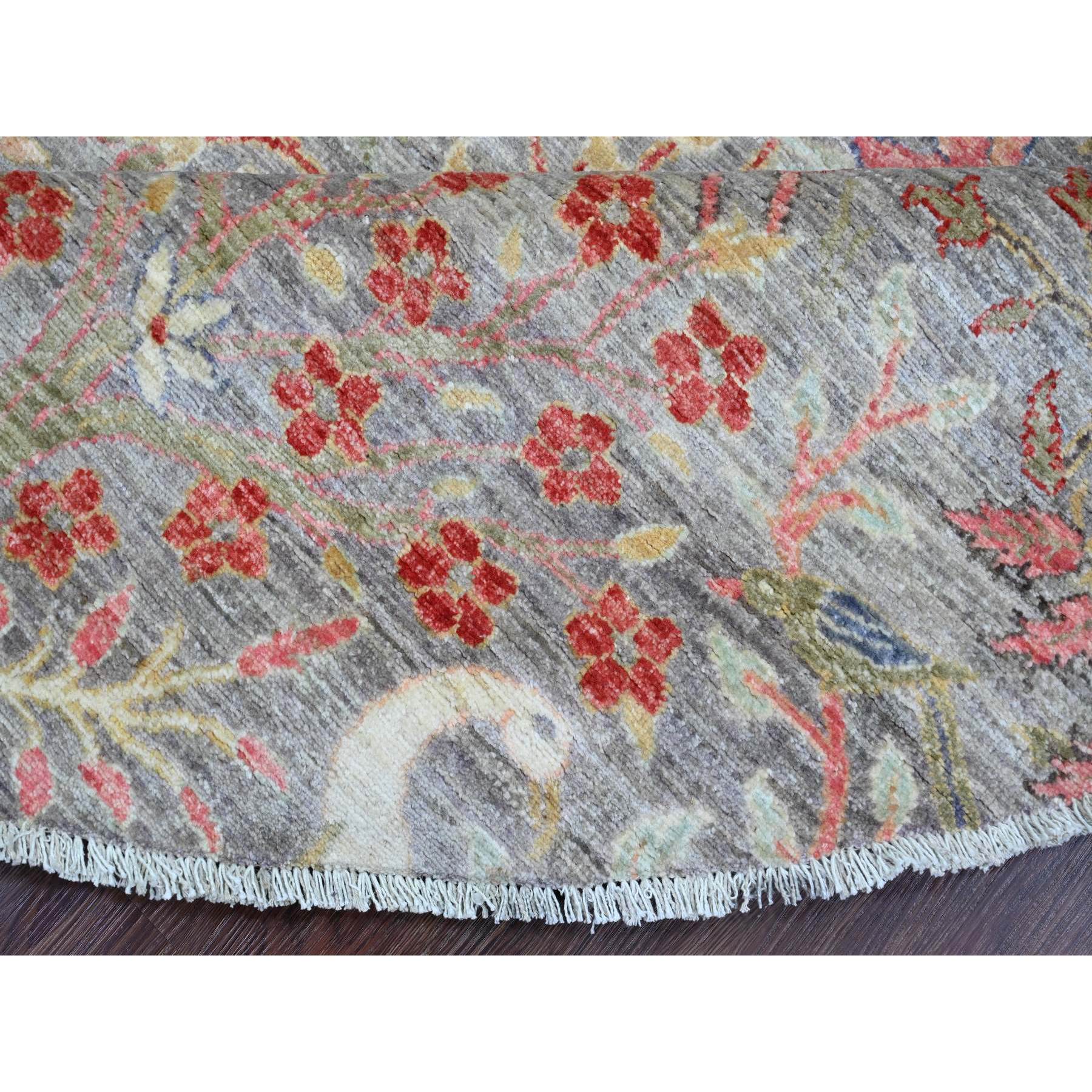 9'9"x9'9" Spanish Gray, Afghan Peshawar with Birds of Paradise Design, Hand Knotted, Soft and Velvety Wool, Veggie Dyes, Round, Oriental Rug Sh89909