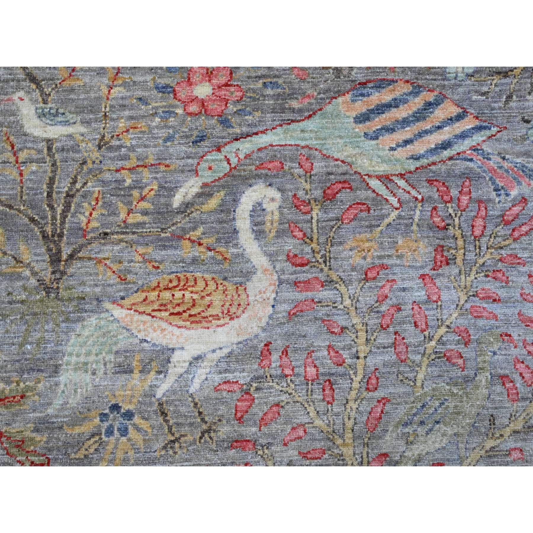 9'9"x9'9" Spanish Gray, Afghan Peshawar with Birds of Paradise Design, Hand Knotted, Soft and Velvety Wool, Veggie Dyes, Round, Oriental Rug Sh89909
