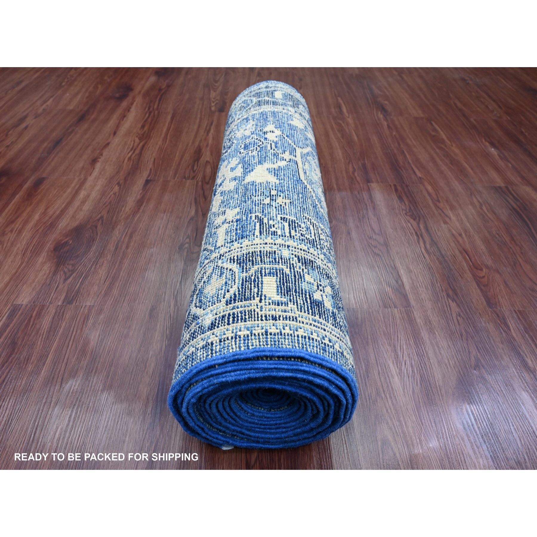 2'9"x19'7" Imperial Blue, Hand Knotted, Afghan Angora Oushak with Large Leaf Design, Vegetable Dyes, 100% Wool, XL Runner, Oriental Rug Sh89920