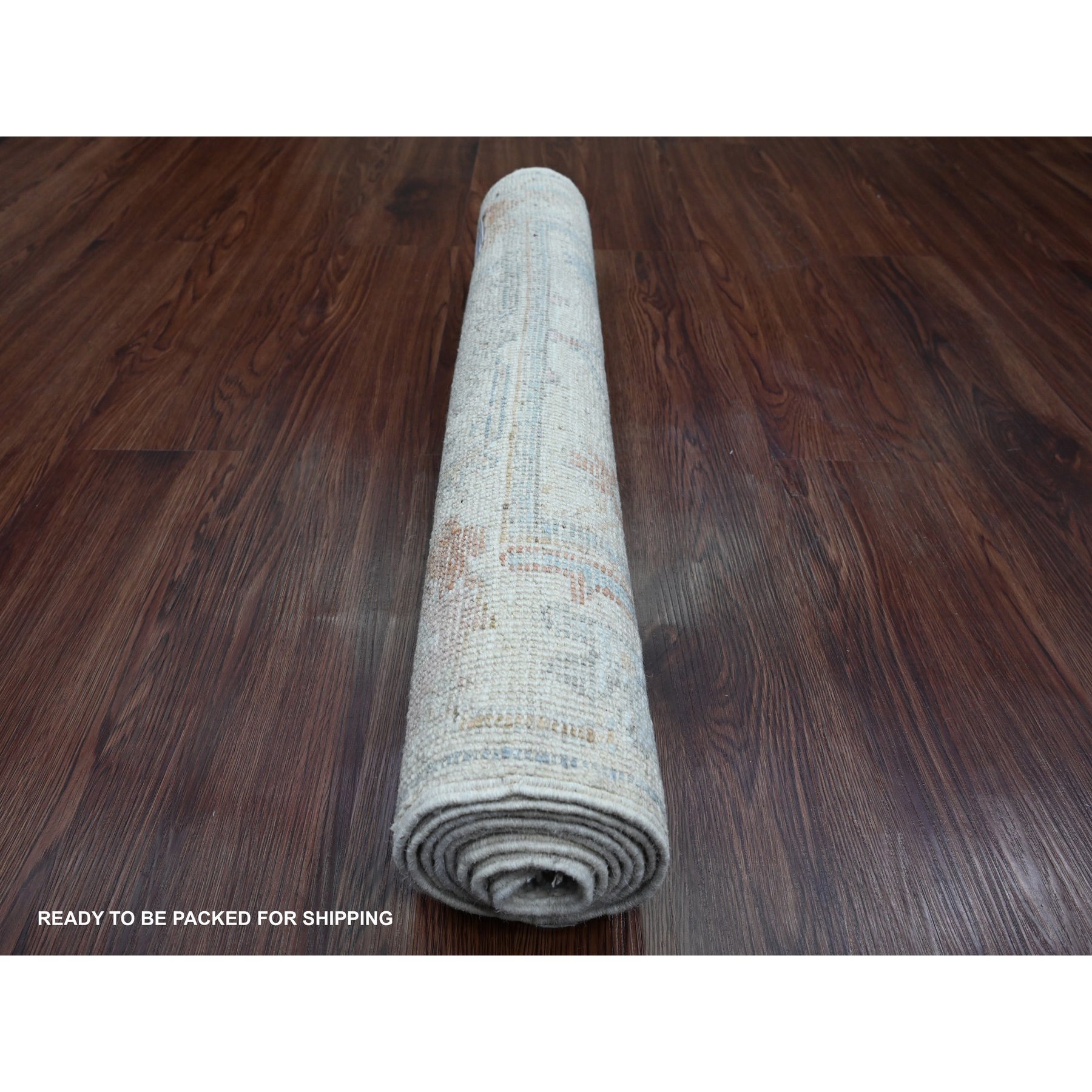 2'7"x6'2" Bone White, 100% Wool, Afghan Angora Oushak with Geometric Leaf Design, Hand Knotted, Vegetable Dyes, Runner, Oriental Rug Sh89924