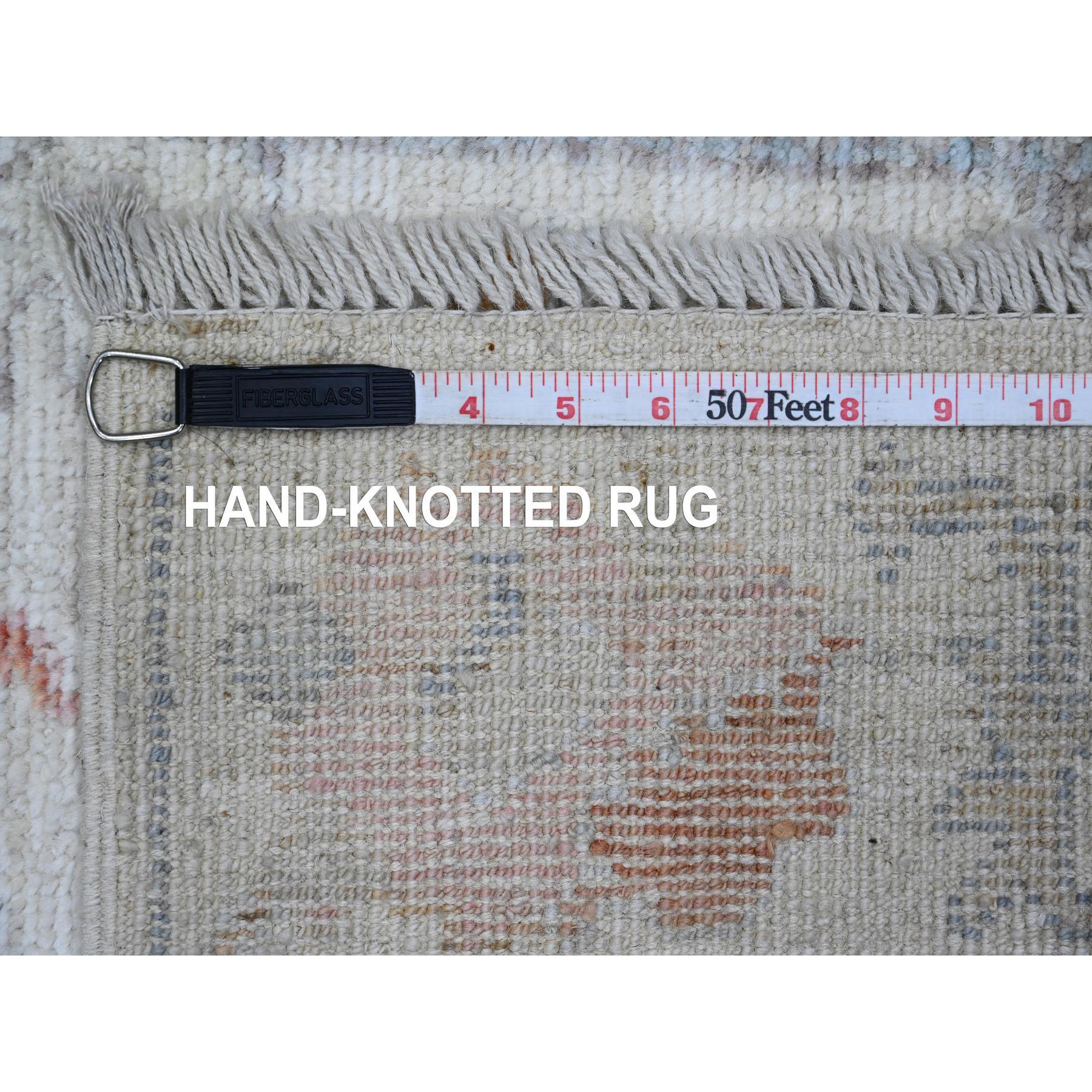 2'7"x6'2" Bone White, 100% Wool, Afghan Angora Oushak with Geometric Leaf Design, Hand Knotted, Vegetable Dyes, Runner, Oriental Rug Sh89924