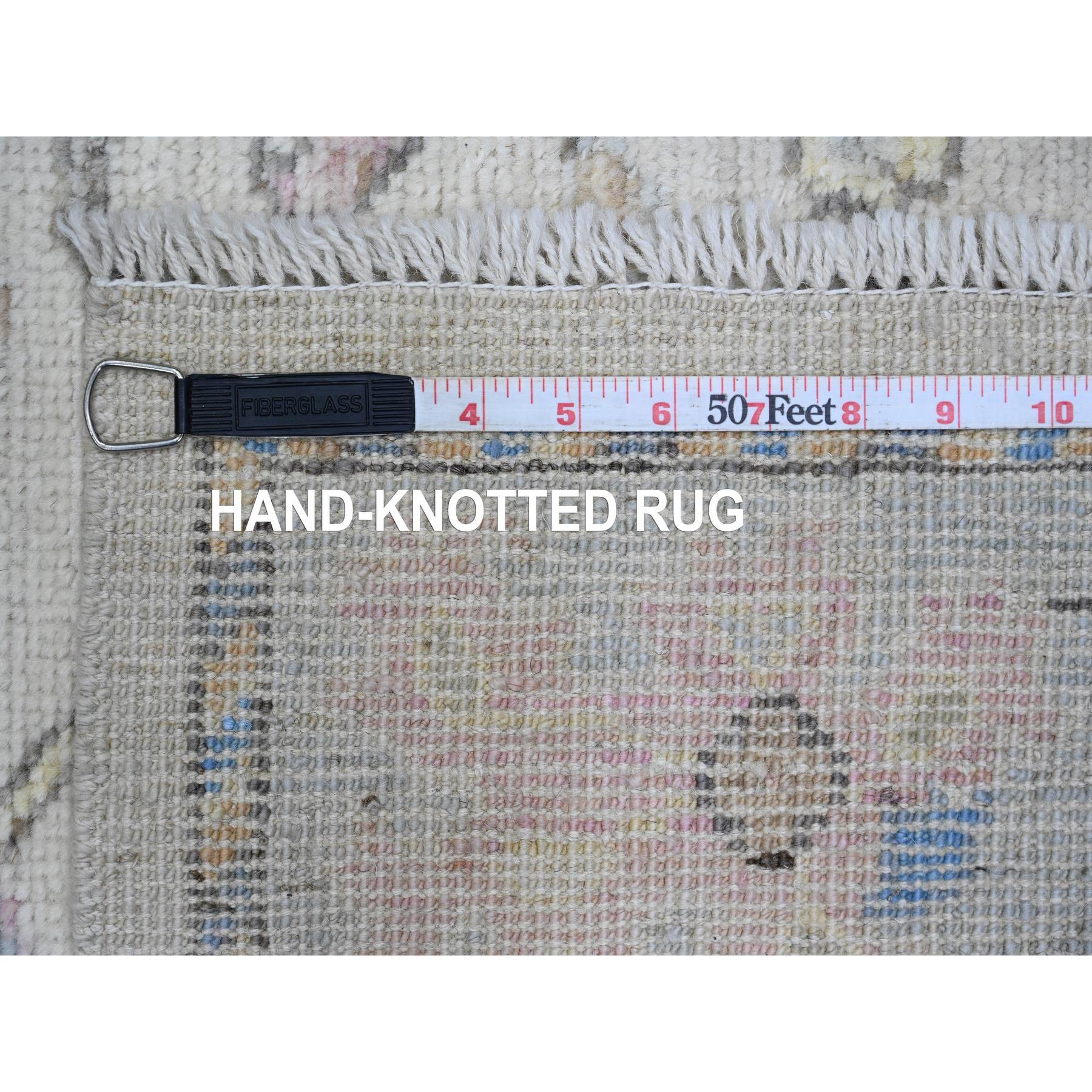 3'x10'1" Chiffon White, Afghan Angora Oushak with Colorful Vines Design, Natural Dyes, Hand Knotted, Pure Wool, Runner, Oriental Rug Sh89926
