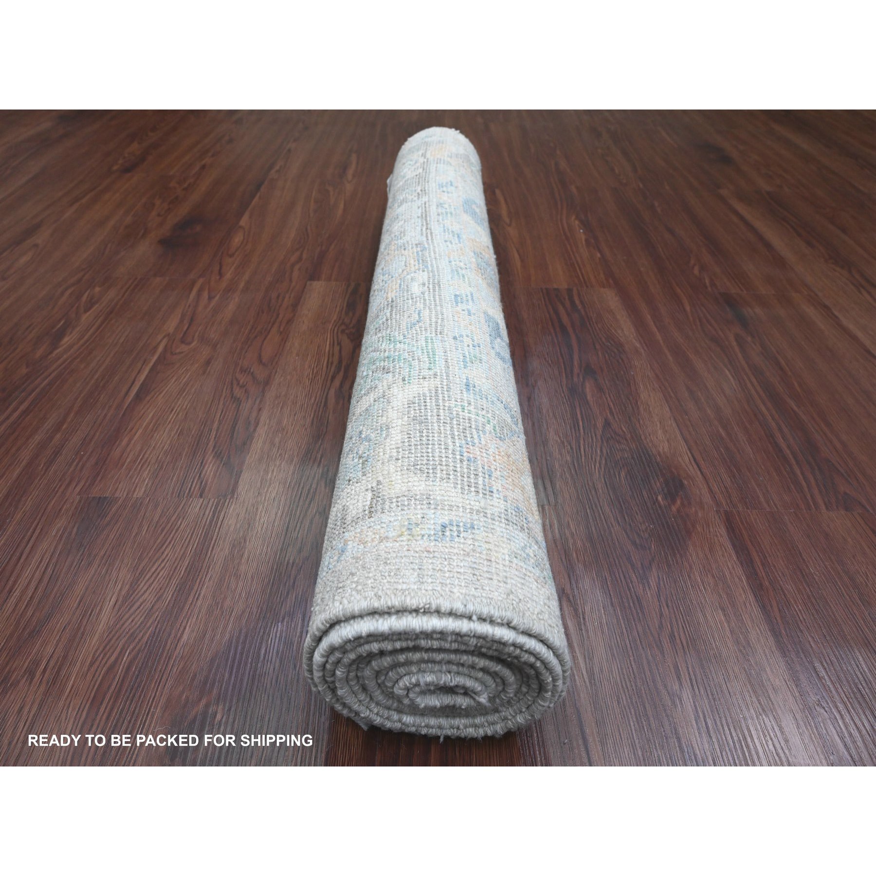 3'1"x10' Pastel Gray, Pure Wool, Afghan Angora Oushak with Soft Color Leaf Design, Hand Knotted, Natural Dyes, Runner, Oriental Rug Sh89930