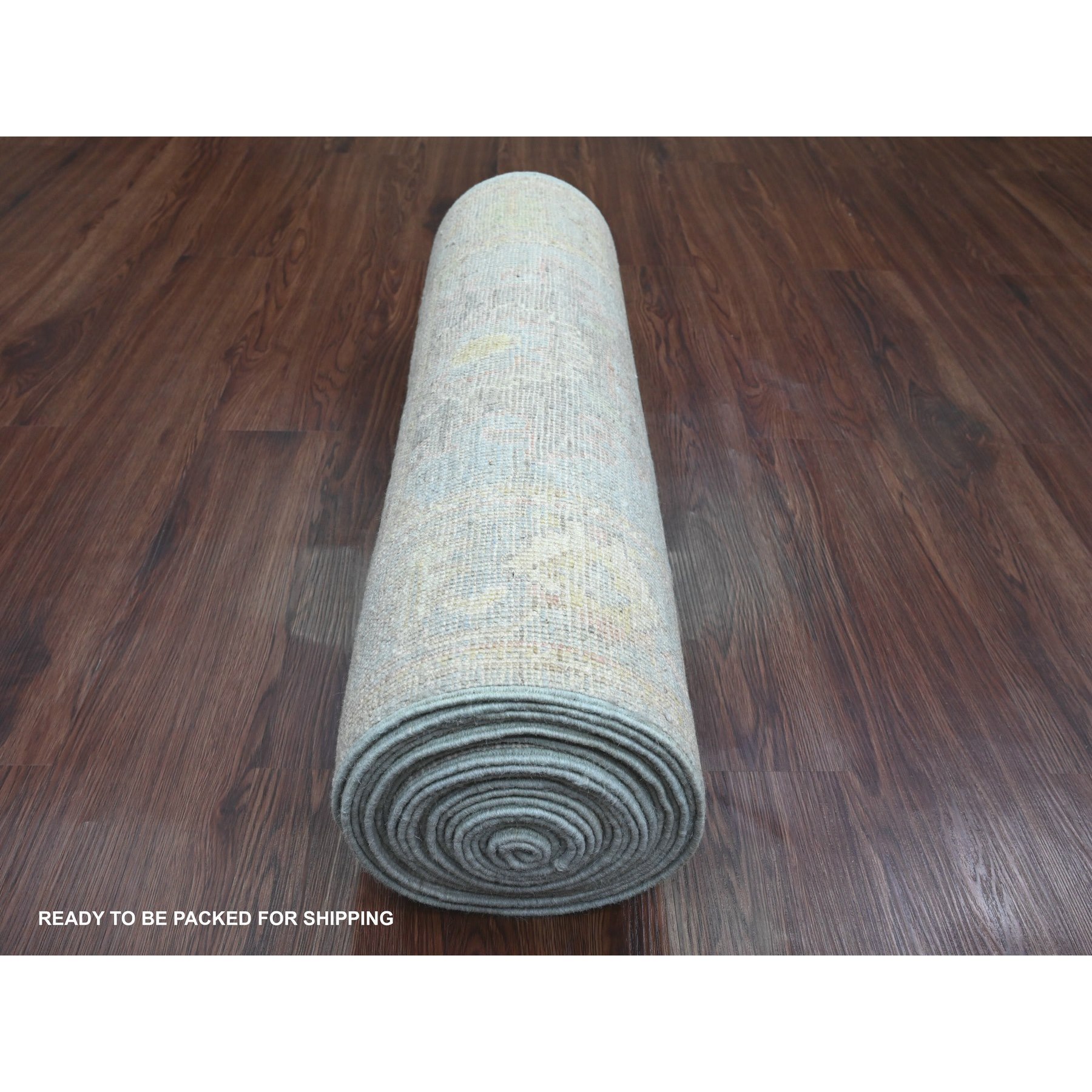 Stone Blue, 100% Wool, Afghan Angora Oushak with All Over Leaf Design, Vegetable Dyes, Hand Knotted, XL Runner, Oriental Rug Sh89935