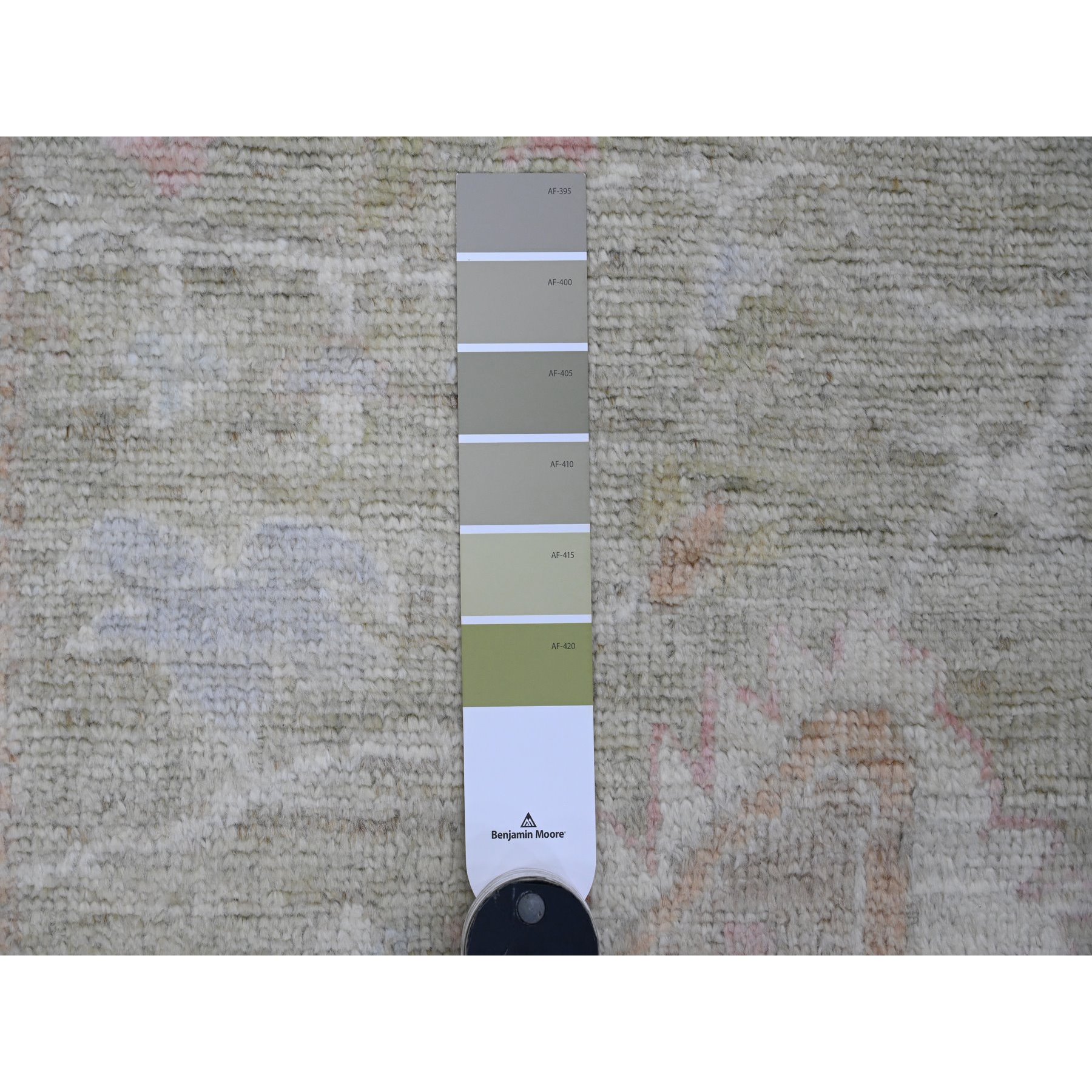 2'9"x10' Reseda Green, Afghan Angora Oushak with All Over Leaf Design, Vegetable Dyes, 100% Wool, Hand Knotted, Runner, Oriental Rug Sh89937