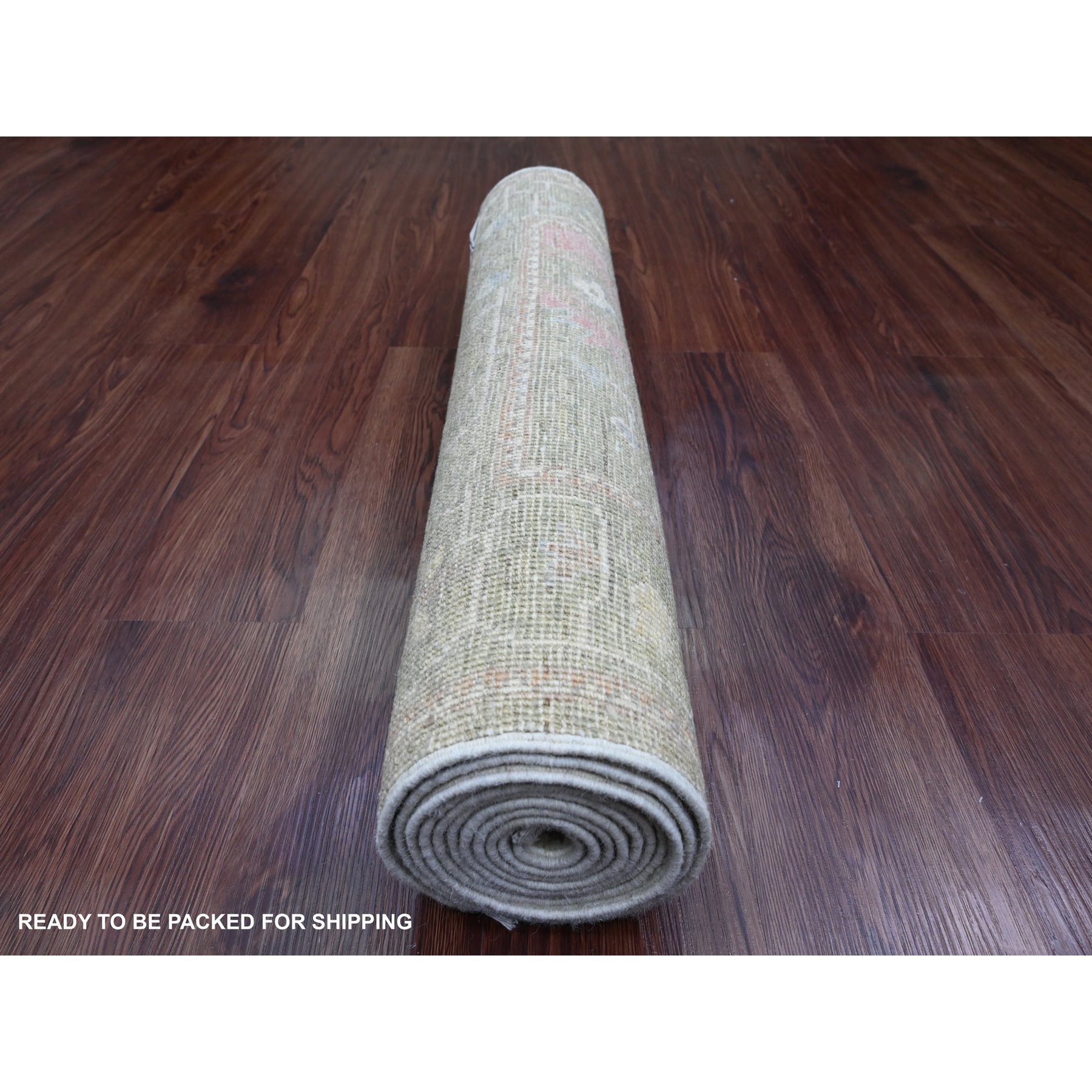 2'9"x10' Reseda Green, Afghan Angora Oushak with All Over Leaf Design, Vegetable Dyes, 100% Wool, Hand Knotted, Runner, Oriental Rug Sh89937