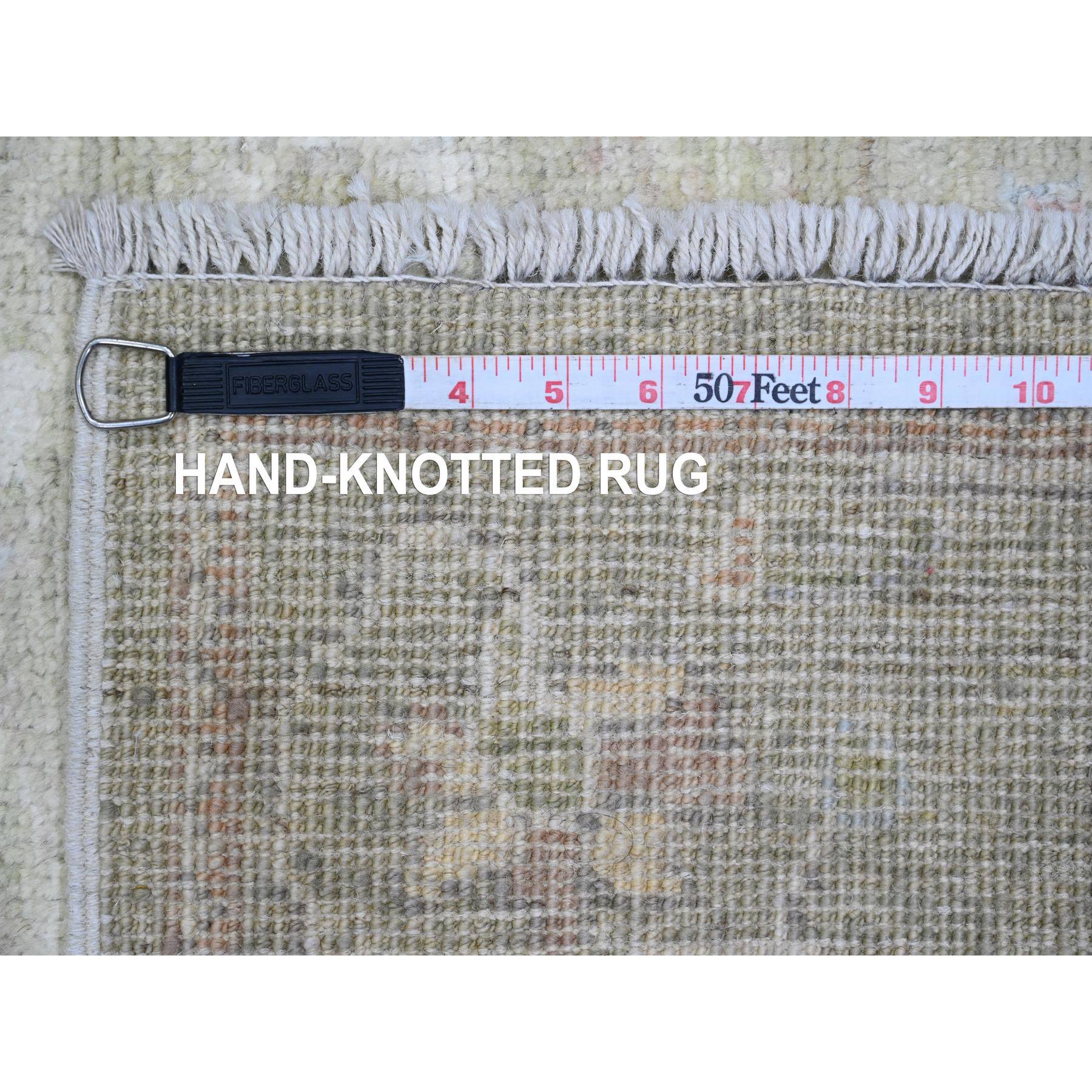 2'9"x10' Reseda Green, Afghan Angora Oushak with All Over Leaf Design, Vegetable Dyes, 100% Wool, Hand Knotted, Runner, Oriental Rug Sh89937