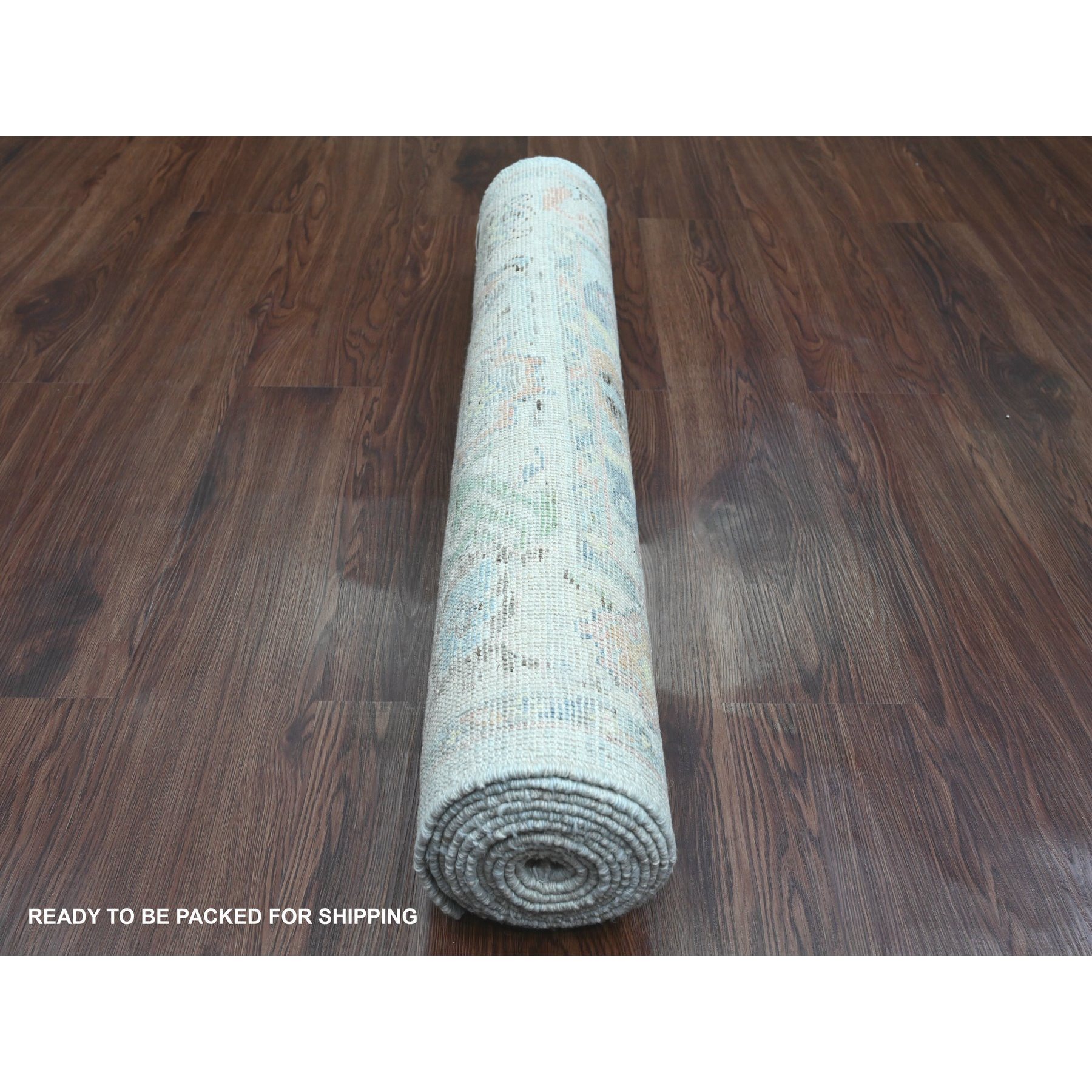 3'1"x10' Misty Gray, Hand Knotted, Afghan Angora Oushak with Soft Color Leaf Design, 100% Wool, Veggie Dyes, Runner, Oriental Rug Sh89940
