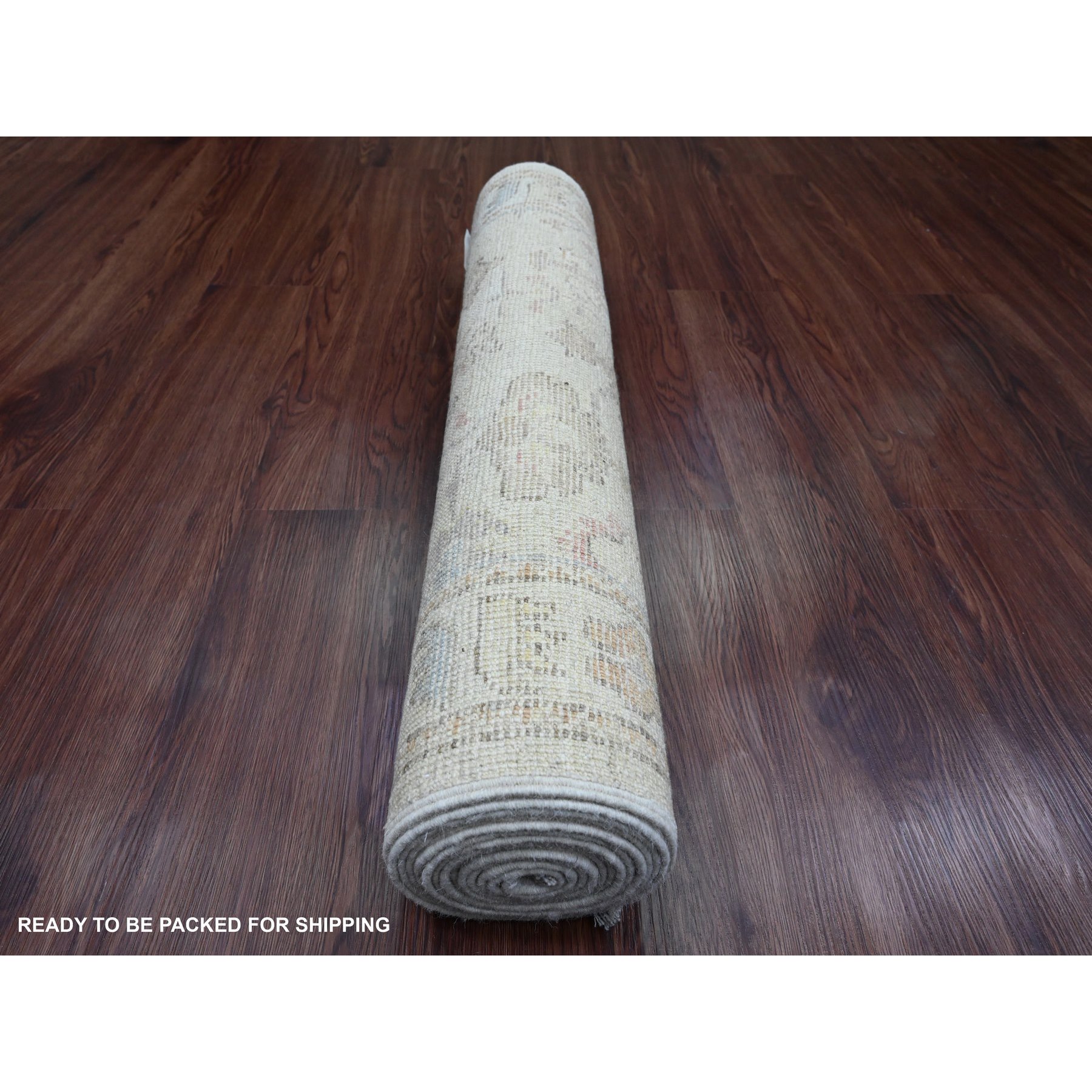2'10"x12'7" Pearl White, 100% Wool, Afghan Angora Oushak with All Over Leaf Motifs, Natural Dyes, Hand Knotted, Runner, Oriental Rug Sh89942