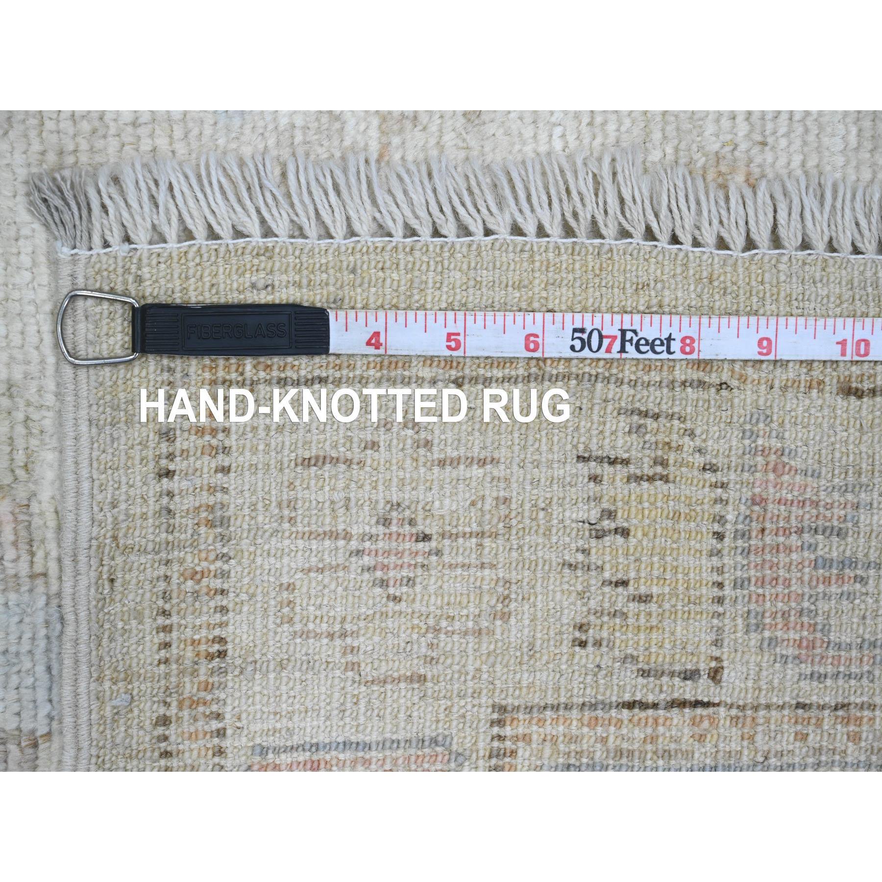 2'10"x12'7" Pearl White, 100% Wool, Afghan Angora Oushak with All Over Leaf Motifs, Natural Dyes, Hand Knotted, Runner, Oriental Rug Sh89942