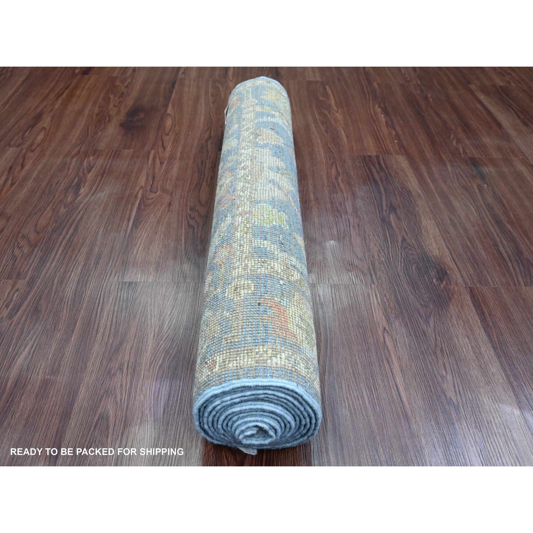 2'9"x9'9" Aegean Blue, Hand Knotted, Afghan Angora Oushak with All Over Leaf Design, Veggie Dyes, 100% Wool, Runner, Oriental Rug Sh89945