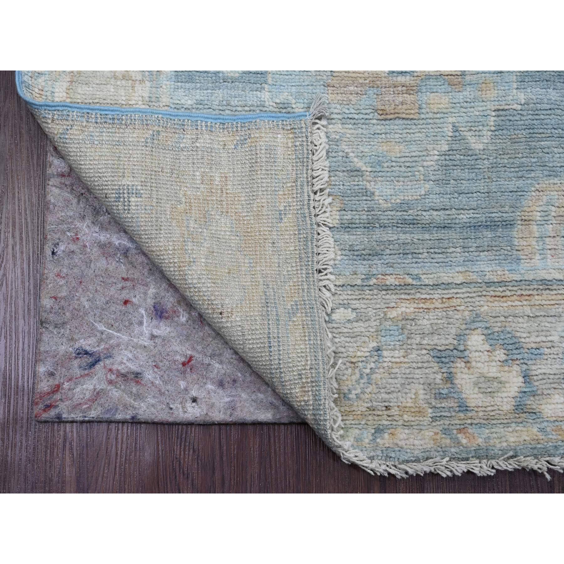 2'6"x9'10" Cerulean Blue, Afghan Angora Oushak with Large Leaf Design, Natural Dyes, Hand Knotted, 100% Wool, Runner, Oriental Rug Sh89947