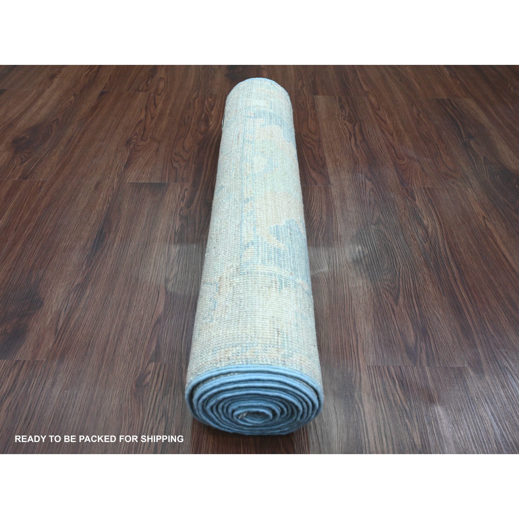 2'6"x9'10" Cerulean Blue, Afghan Angora Oushak with Large Leaf Design, Natural Dyes, Hand Knotted, 100% Wool, Runner, Oriental Rug Sh89947