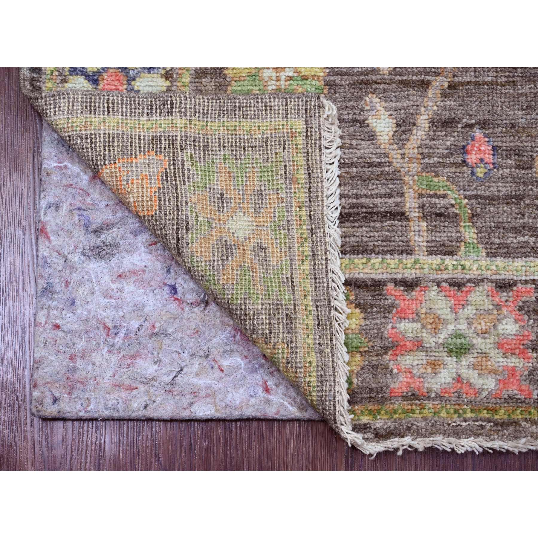 2'10"x10'4" Mocha Brown, Hand Knotted, Afghan Angora Oushak with Colorful Leaf Design, Vegetable Dyes, 100% Wool, Runner, Oriental Rug Sh89956