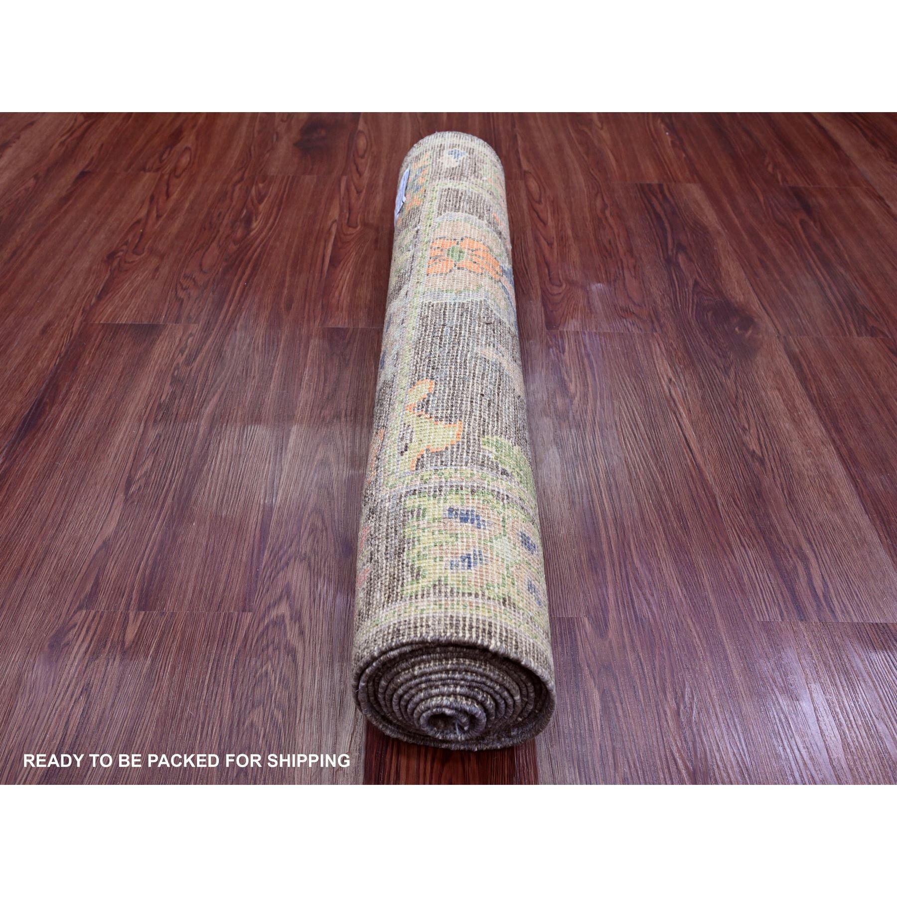 2'10"x10'4" Mocha Brown, Hand Knotted, Afghan Angora Oushak with Colorful Leaf Design, Vegetable Dyes, 100% Wool, Runner, Oriental Rug Sh89956